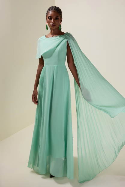 Chiffon Pleated Cape Sleeve Maxi Dress