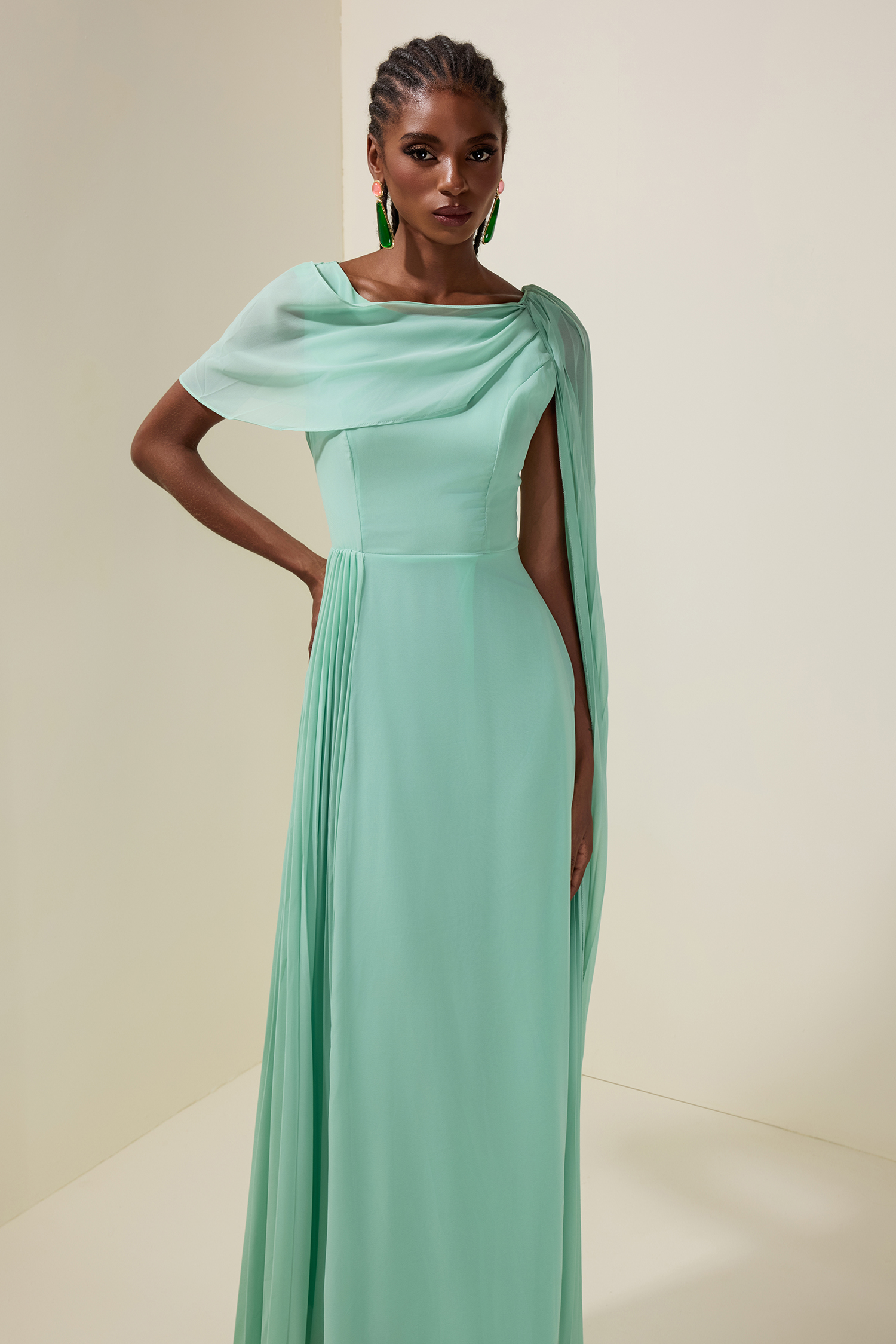 Chiffon Pleated Cape Sleeve Maxi Dress