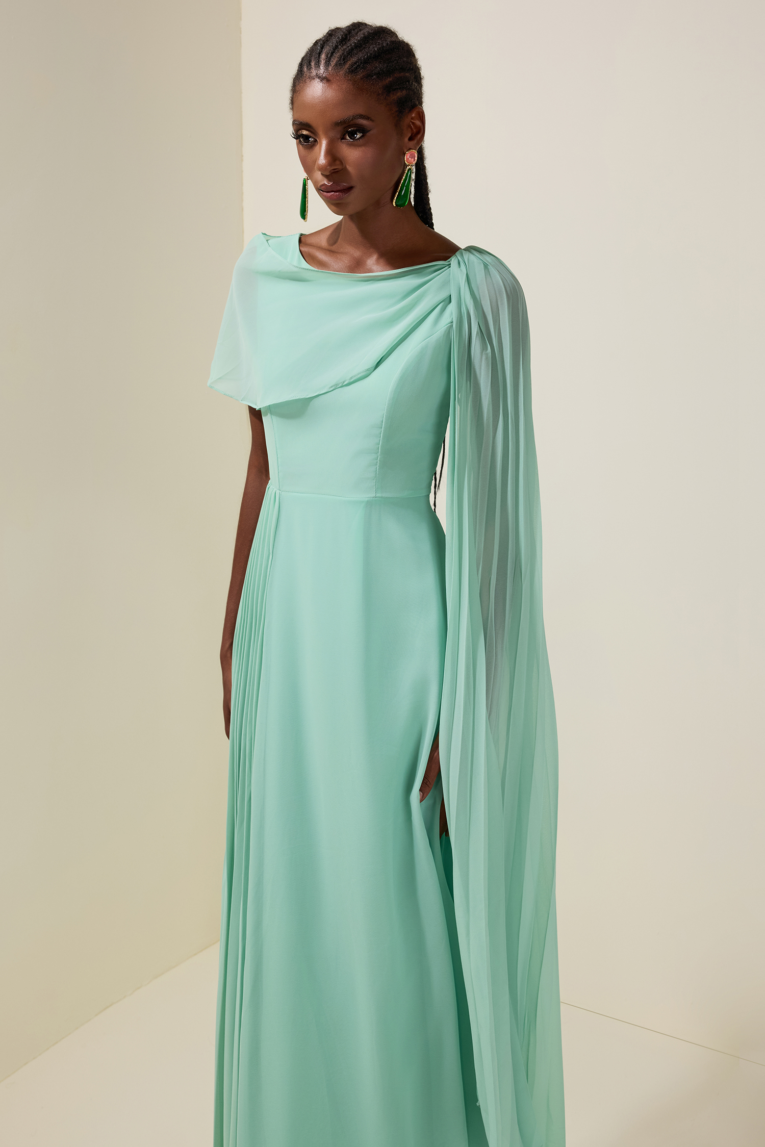 Chiffon Pleated Cape Sleeve Maxi Dress