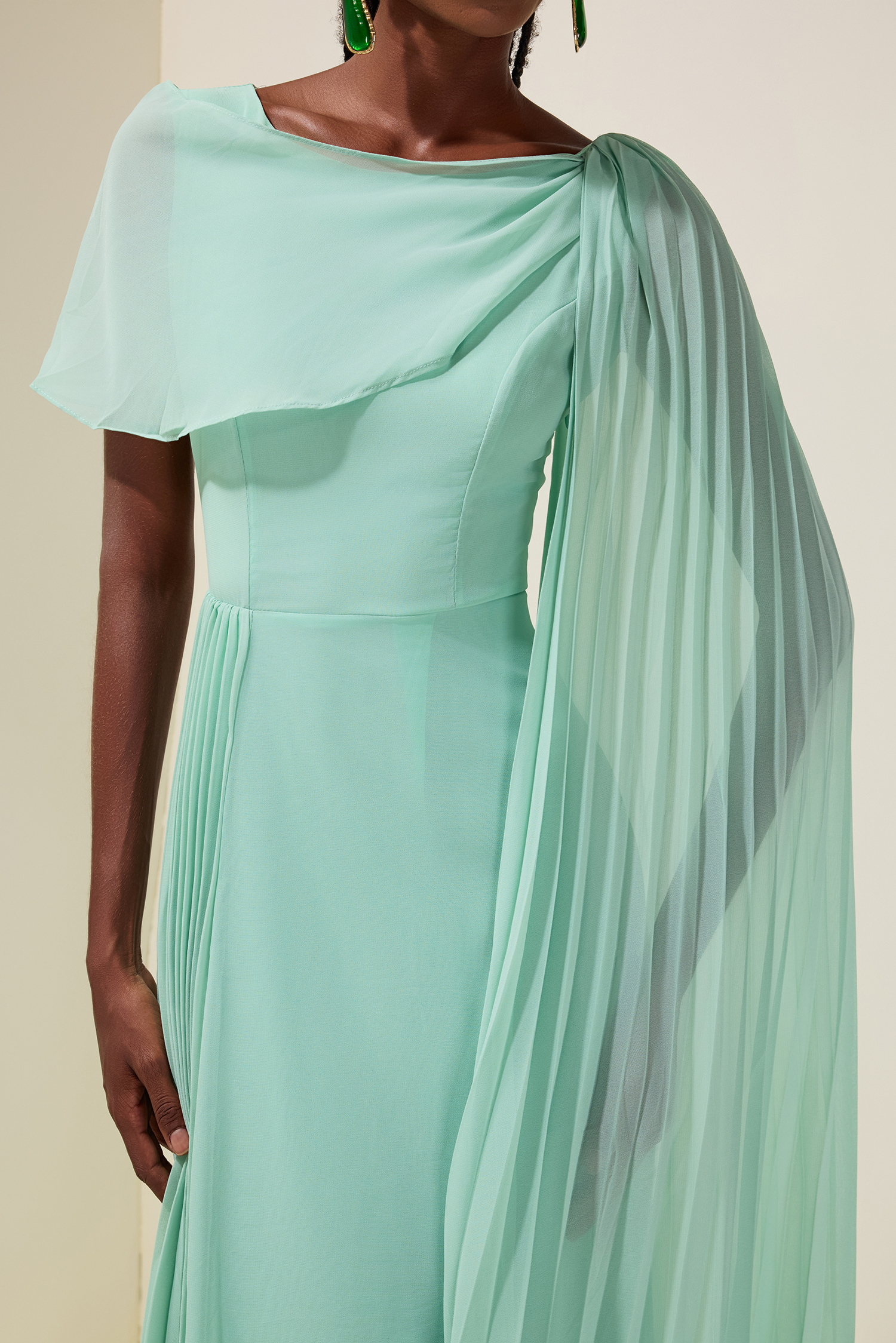 Chiffon Pleated Cape Sleeve Maxi Dress