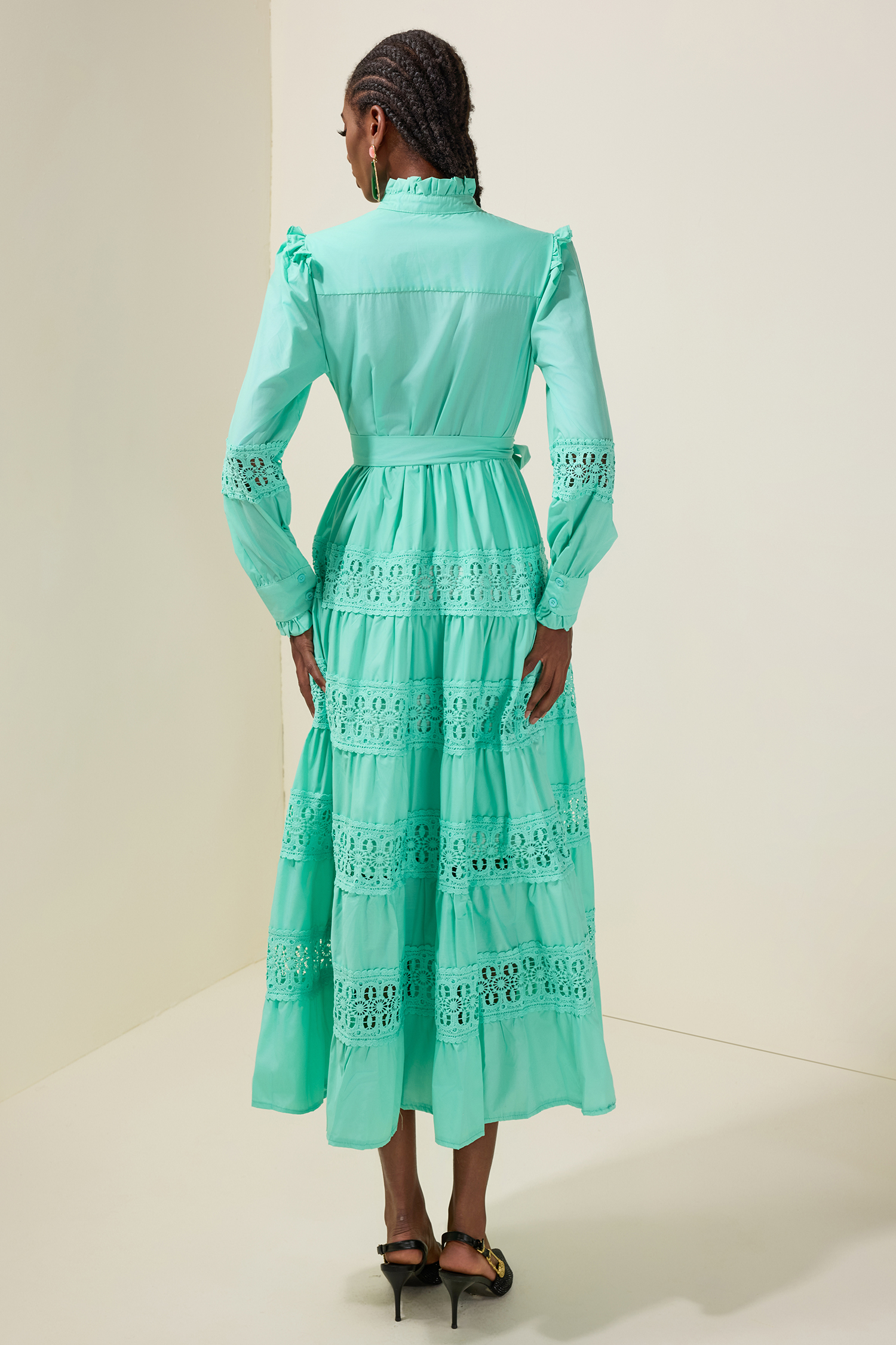 Lace Frill Cut-Out Midi Dress With Belt