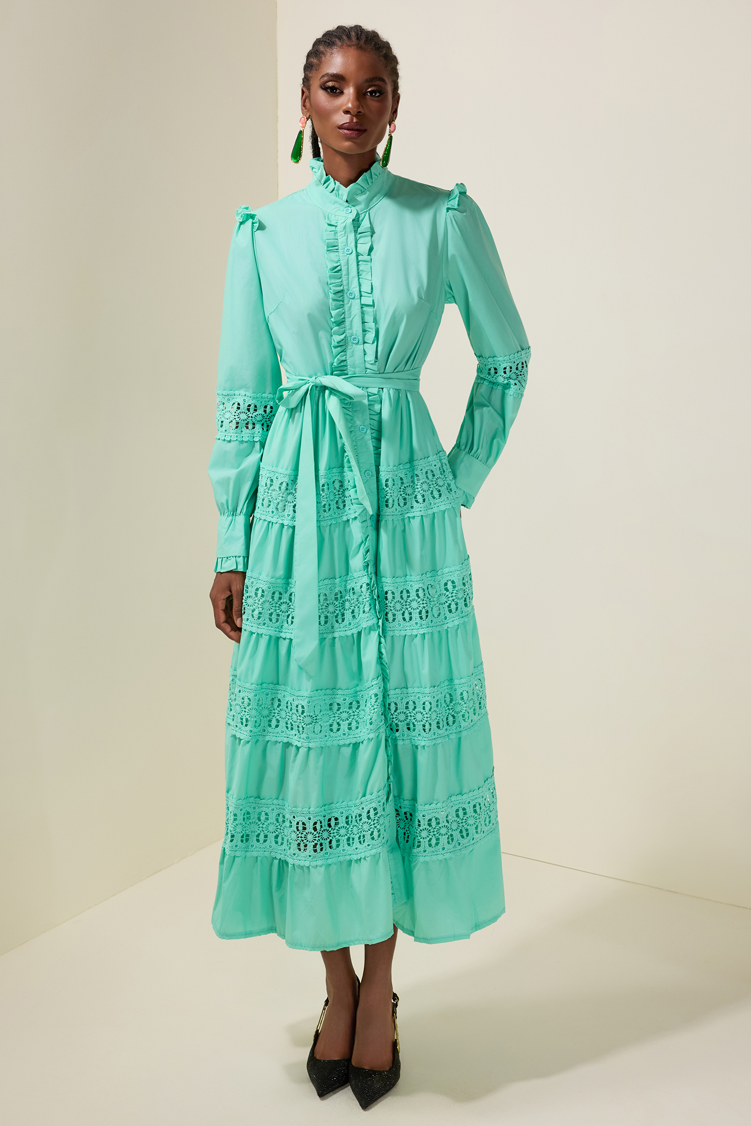 Lace Frill Cut-Out Midi Dress With Belt