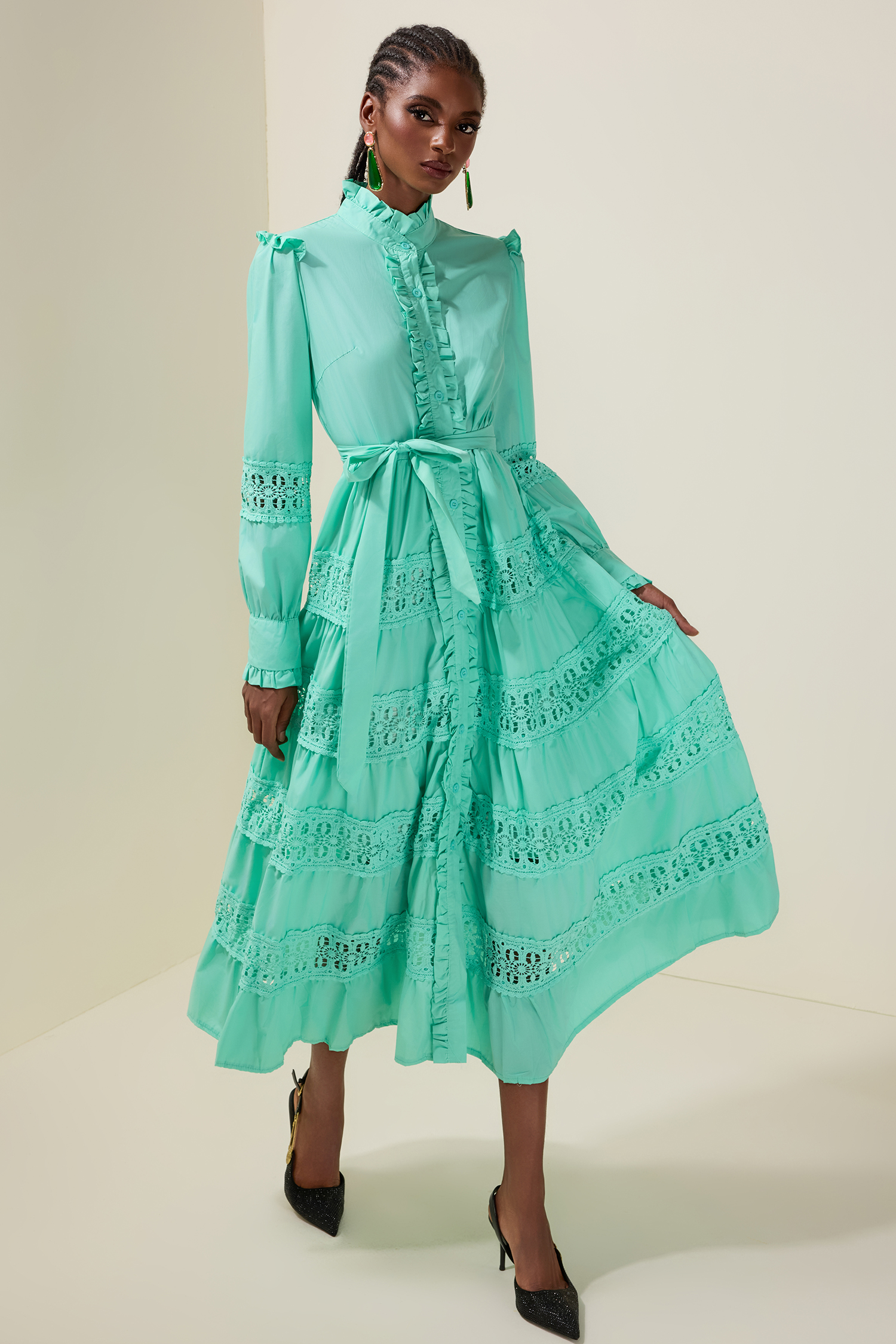 Lace Frill Cut-Out Midi Dress With Belt