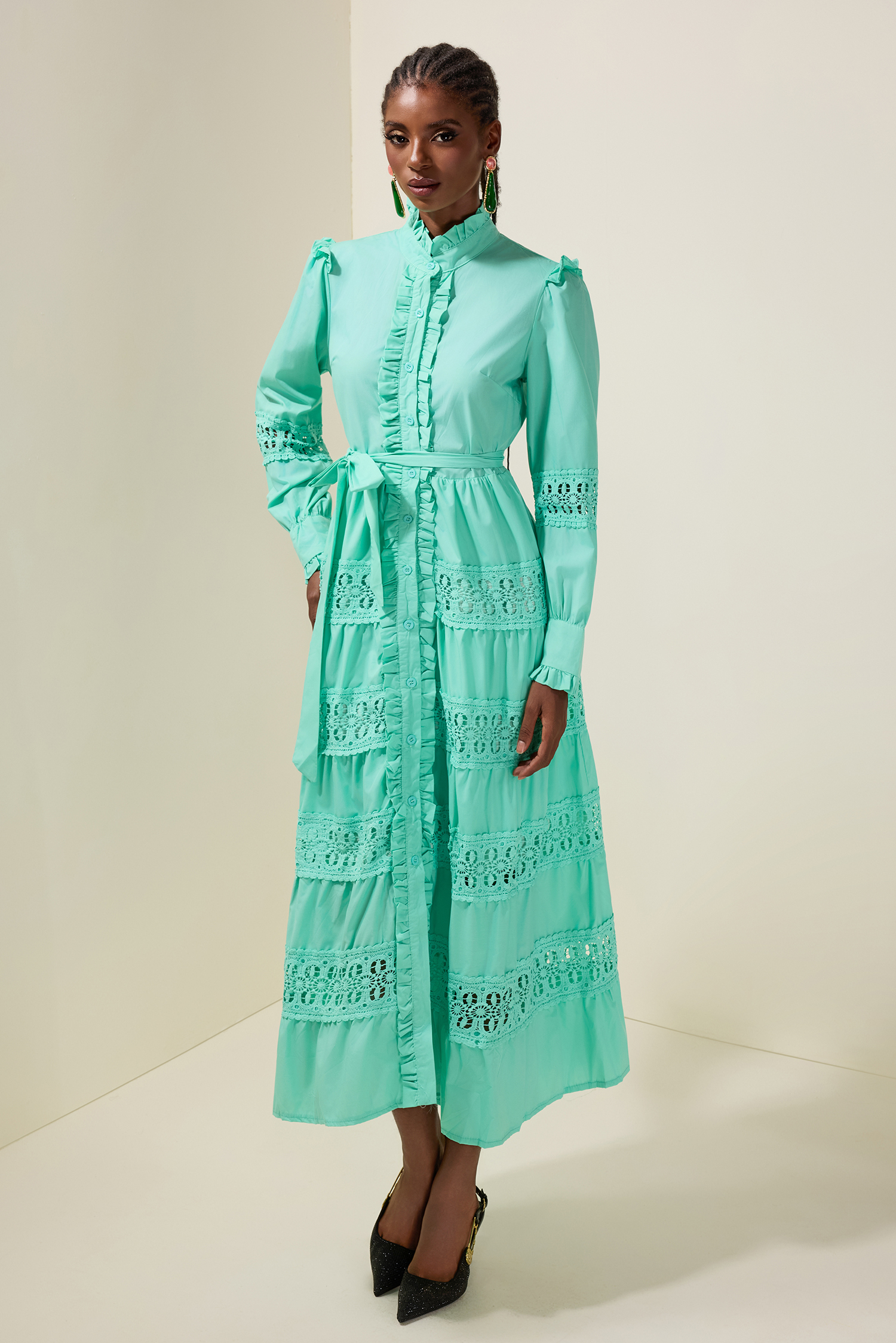 Lace Frill Cut-Out Midi Dress With Belt