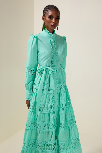 Lace Frill Cut-Out Midi Dress With Belt