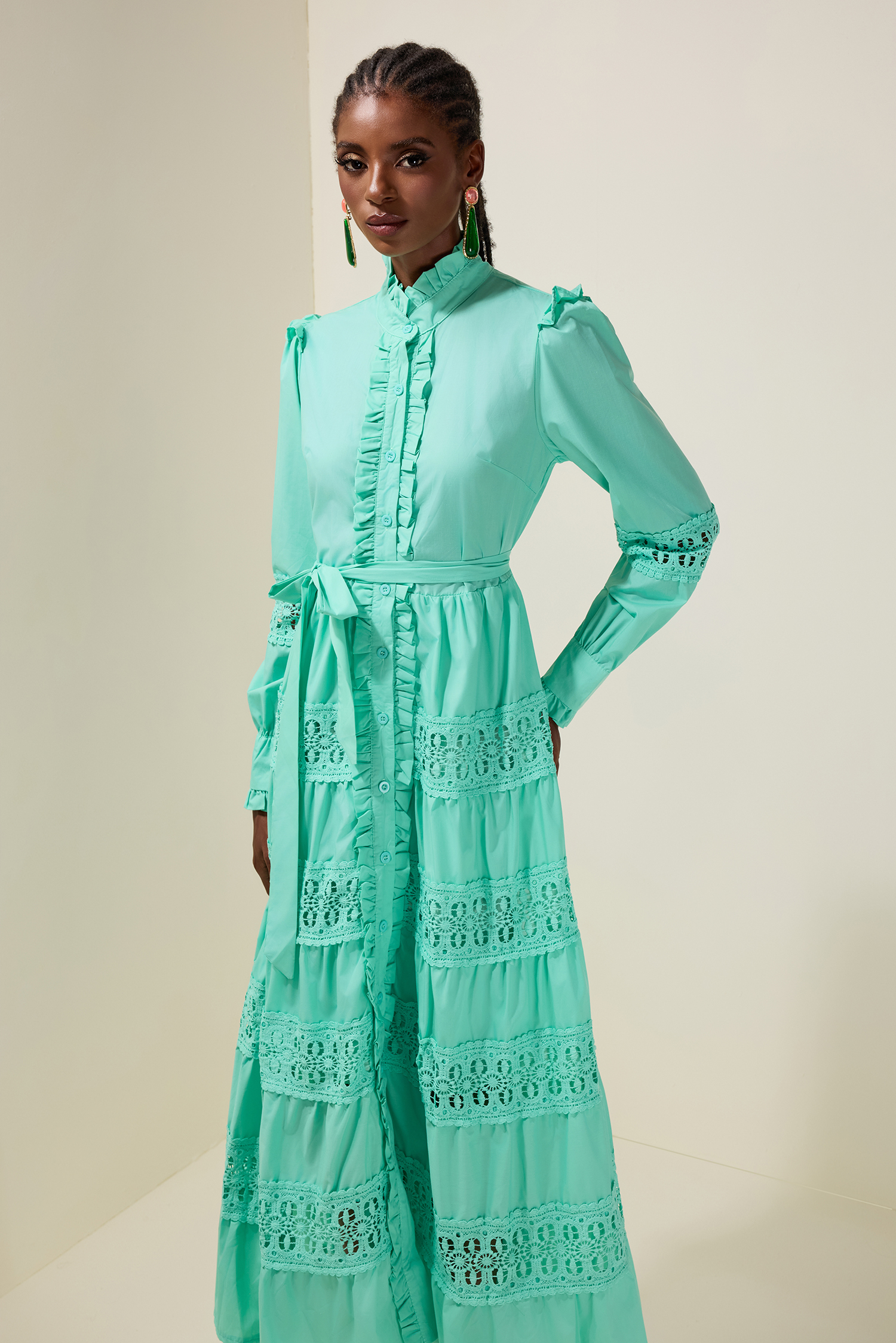 Lace Frill Cut-Out Midi Dress With Belt