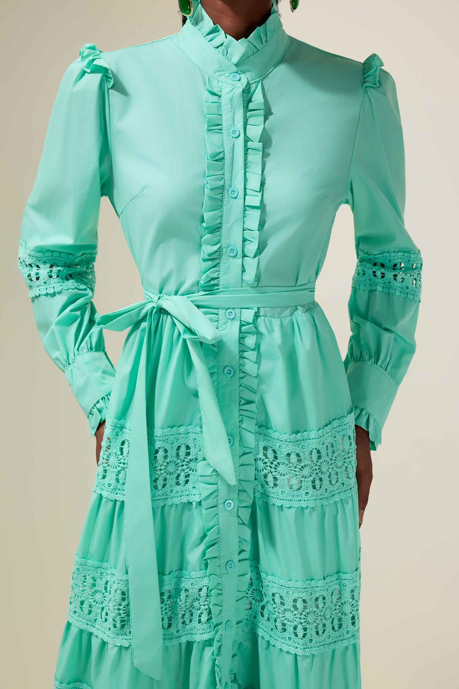 Lace Frill Cut-Out Midi Dress With Belt