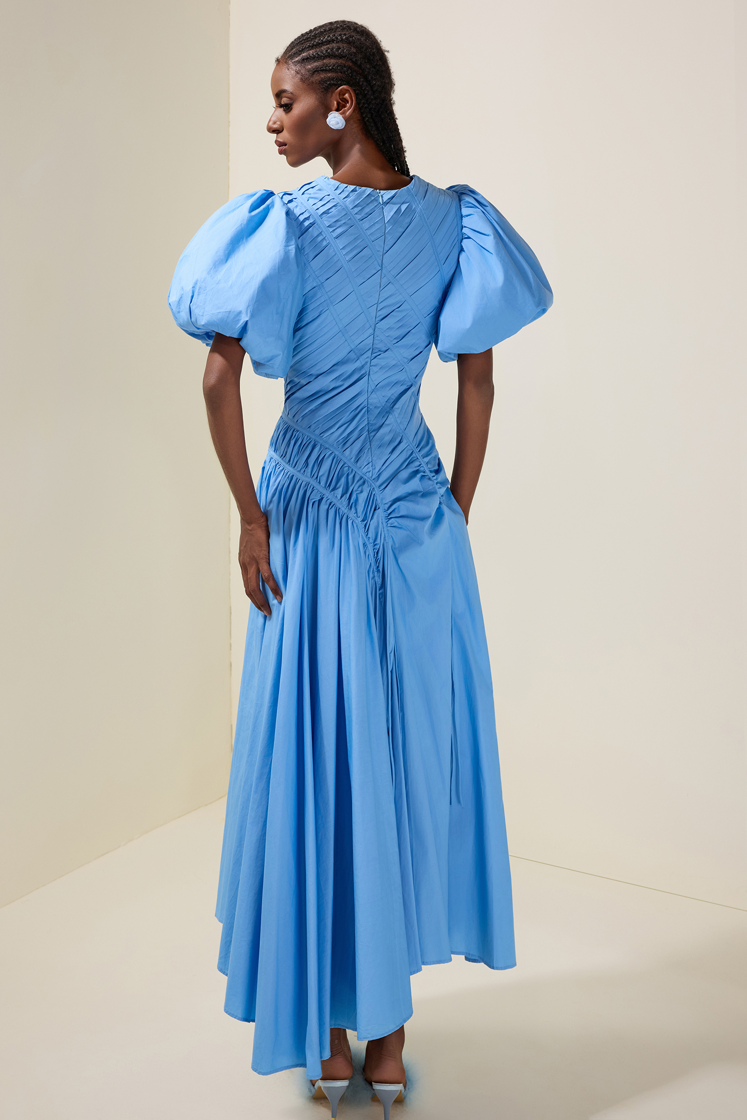 Shirring Round Neck Puff Sleeve Midi Dress