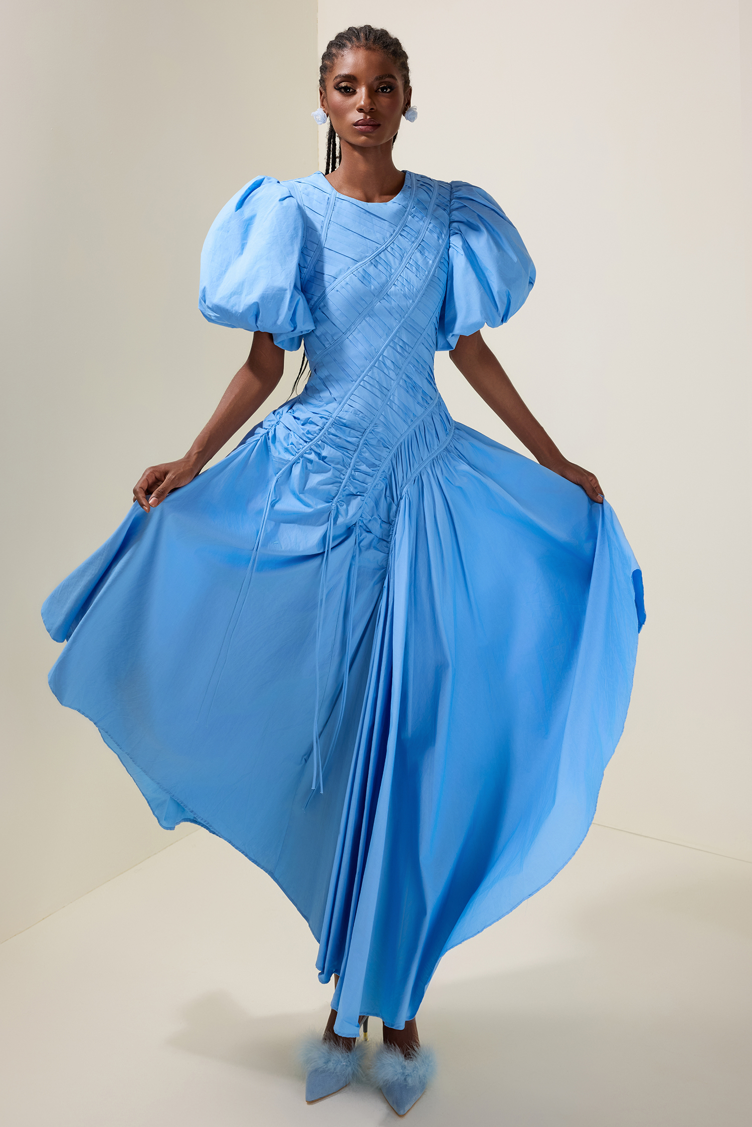 Shirring Round Neck Puff Sleeve Midi Dress