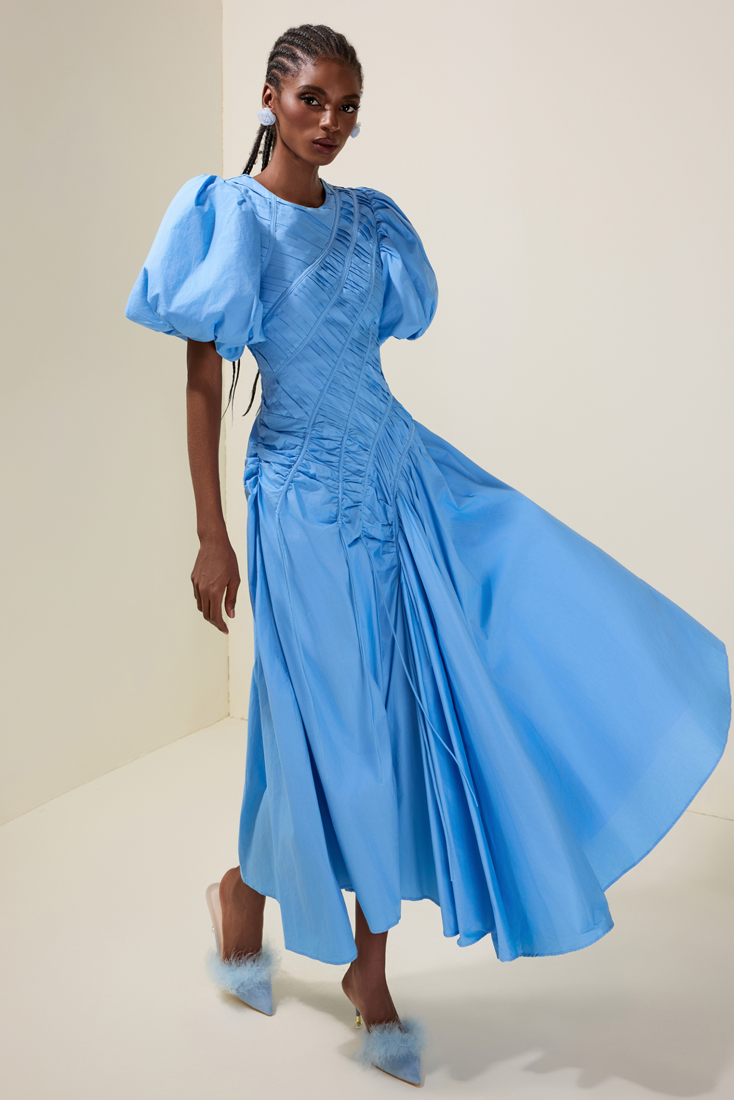 Shirring Round Neck Puff Sleeve Midi Dress