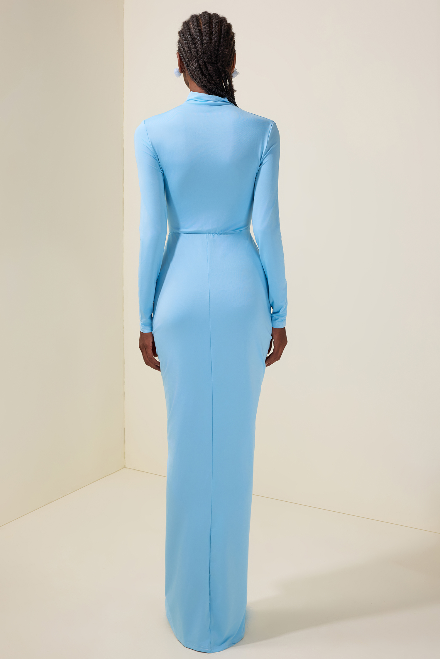 Solid Gathering Stand Collar Maxi Dress