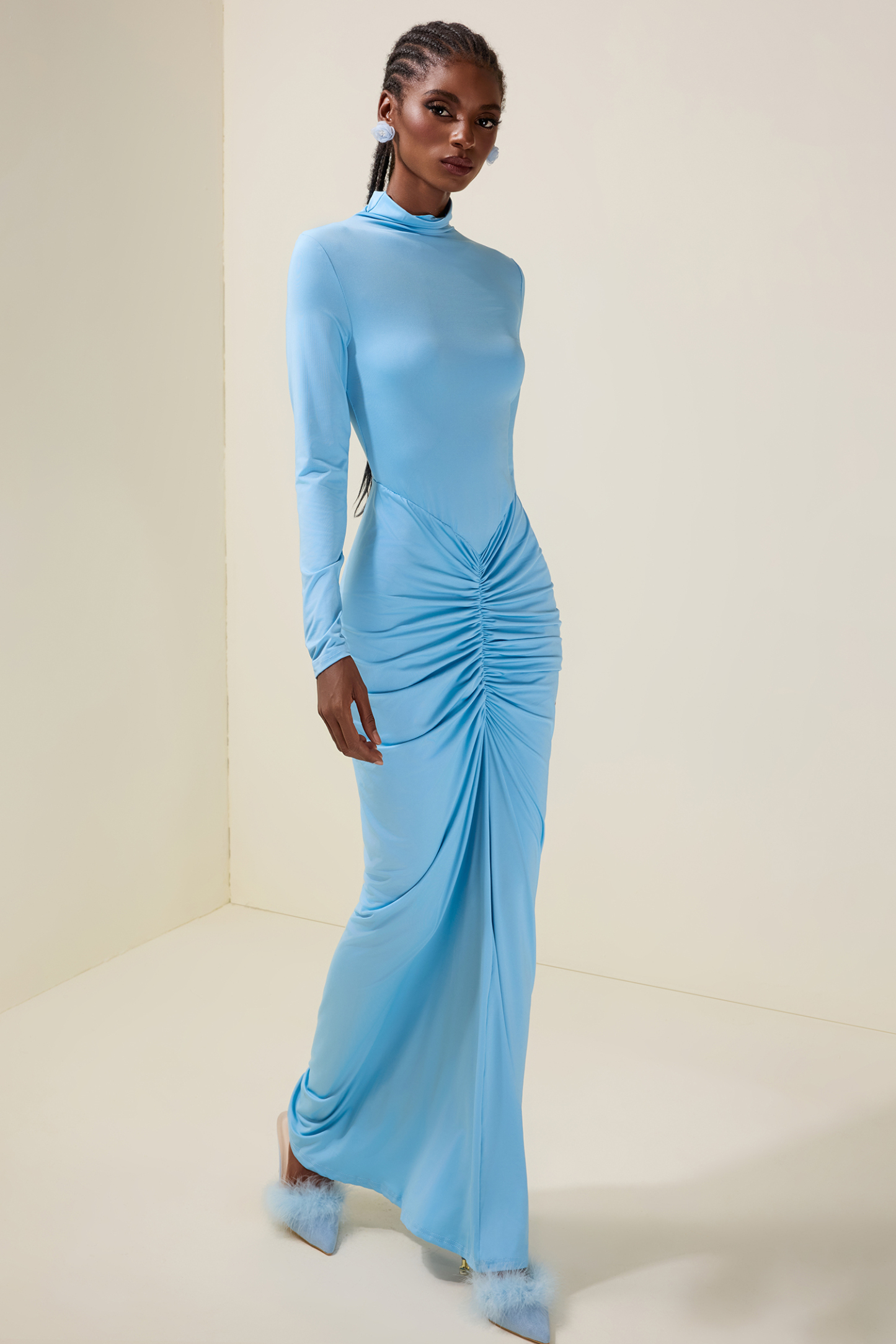 Solid Gathering Stand Collar Maxi Dress