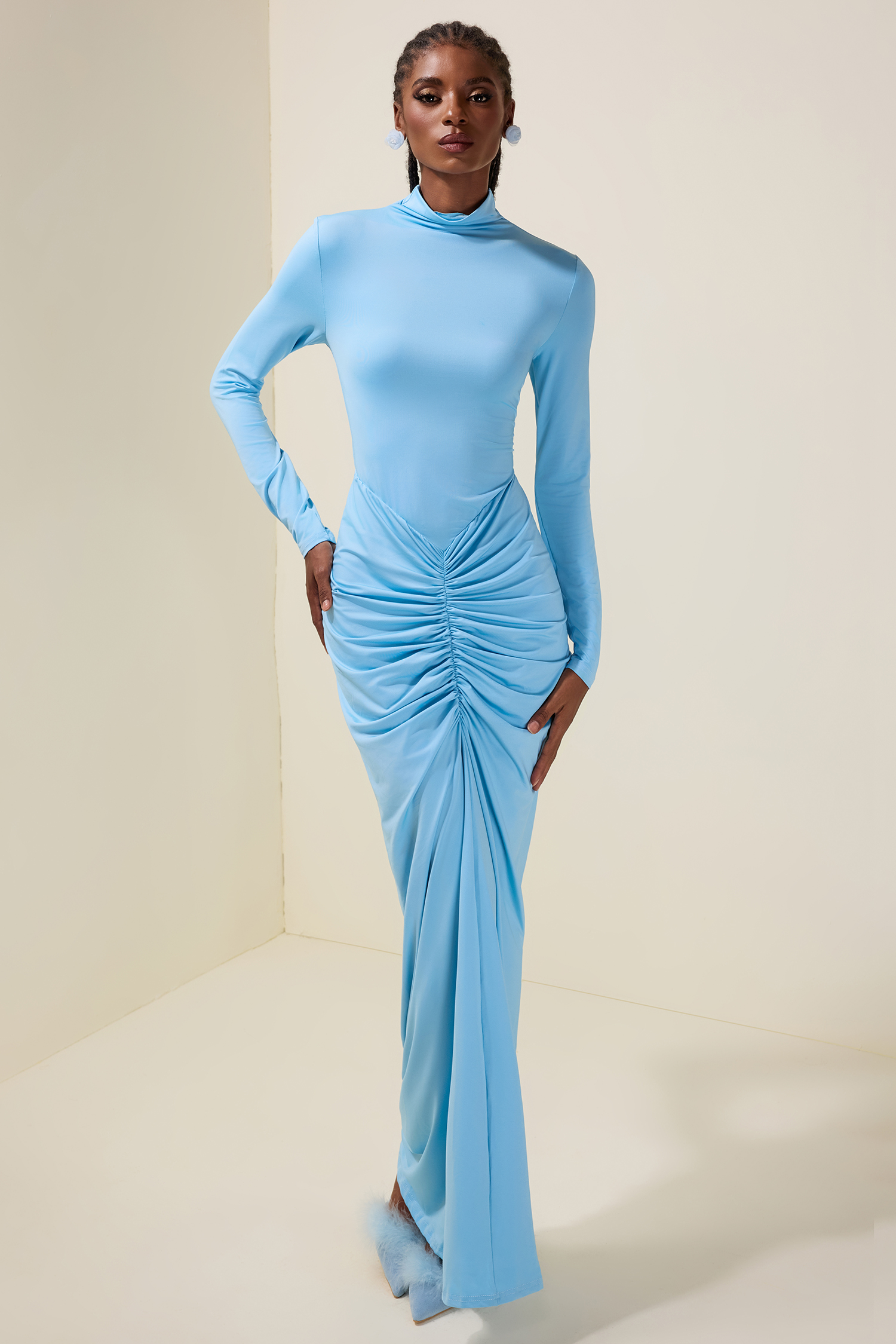 Solid Gathering Stand Collar Maxi Dress