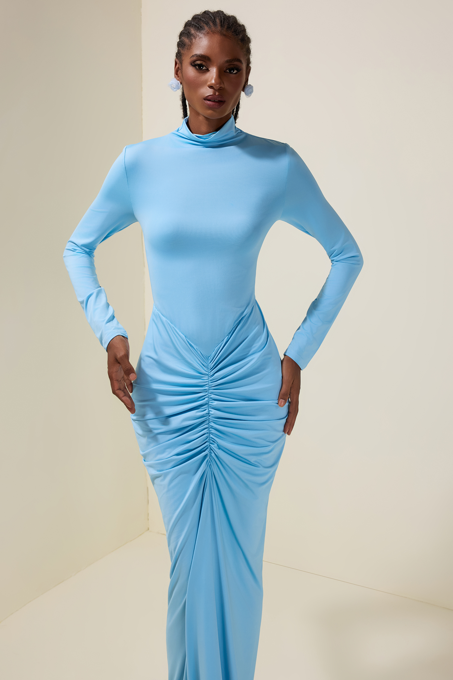 Solid Gathering Stand Collar Maxi Dress