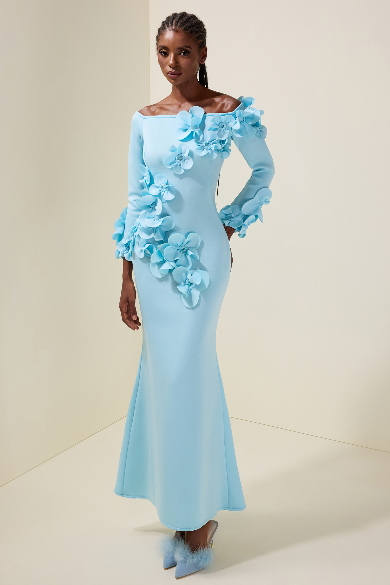 3D Flower Off Shoulder Maxi Dress