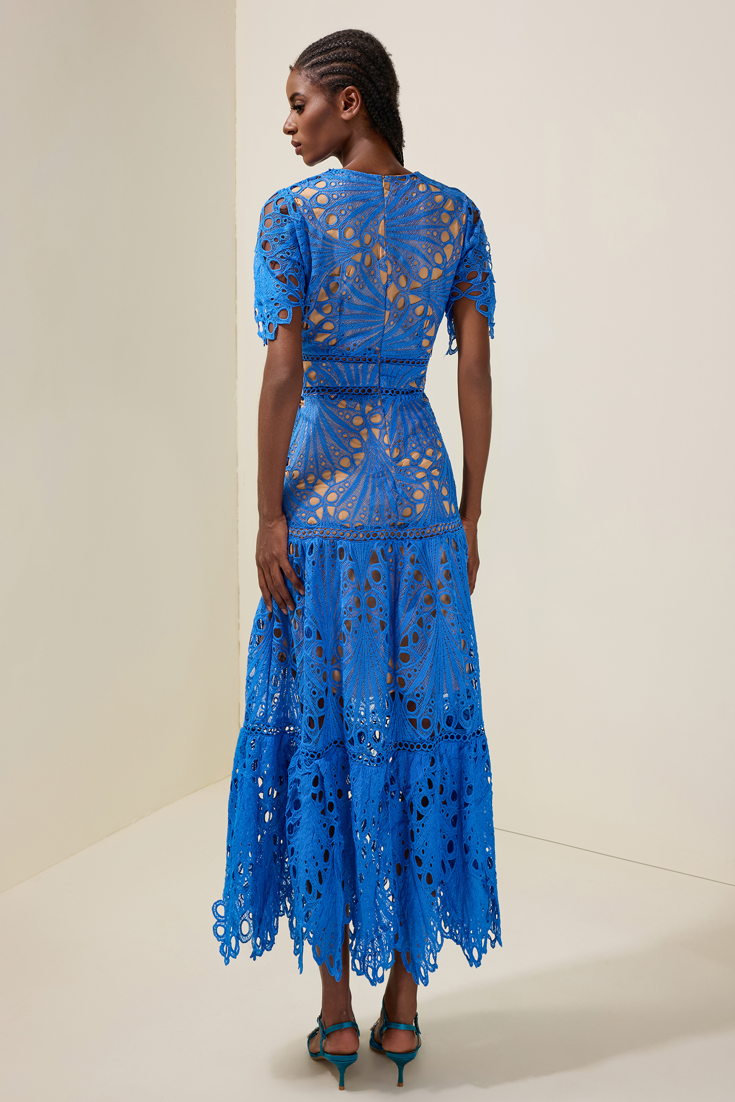 Lace Cut-Out Round Neck Midi Dress