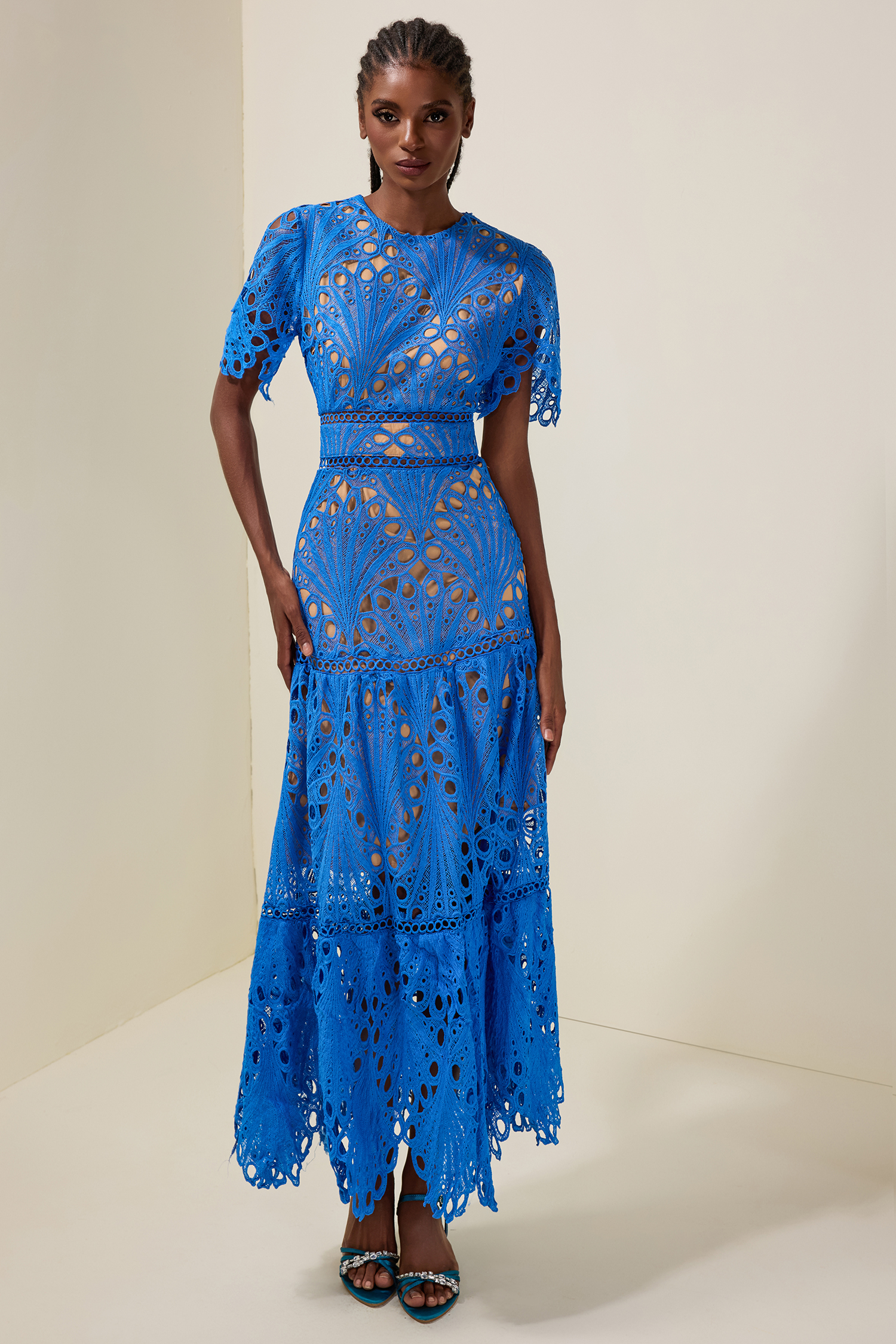 Lace Cut-Out Round Neck Midi Dress