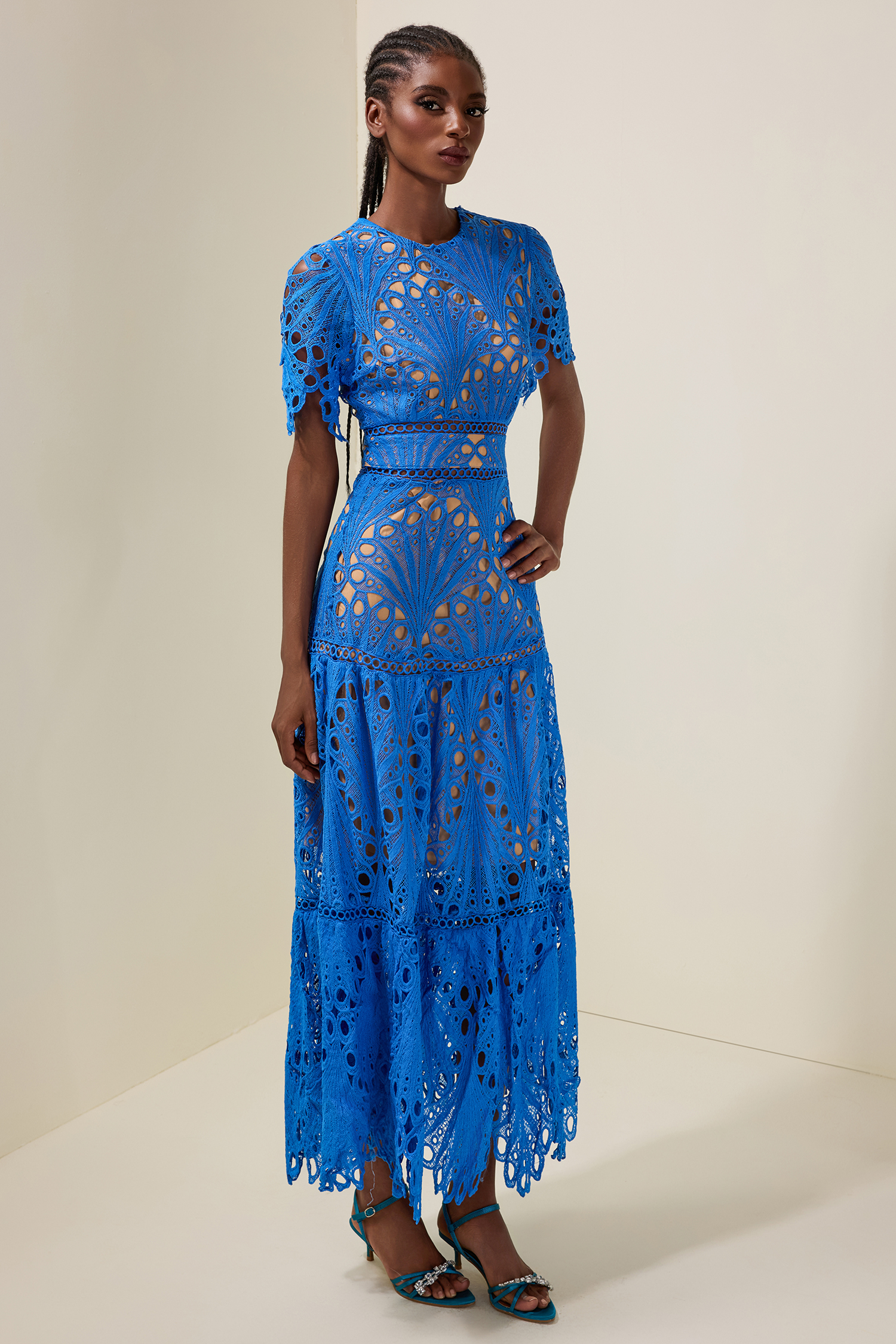 Lace Cut-Out Round Neck Midi Dress