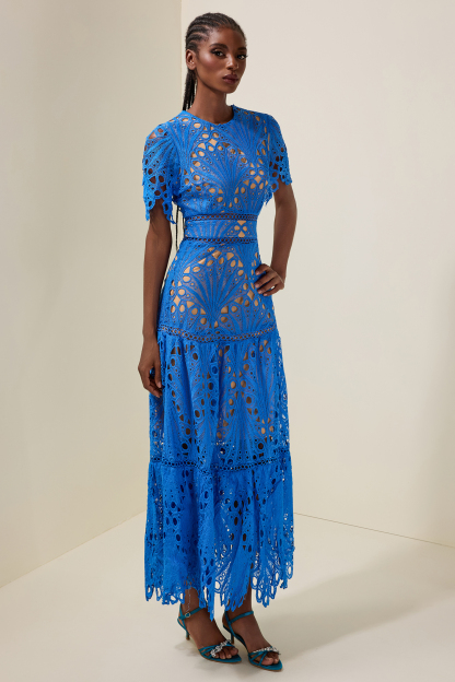 Lace Cut-Out Round Neck Midi Dress