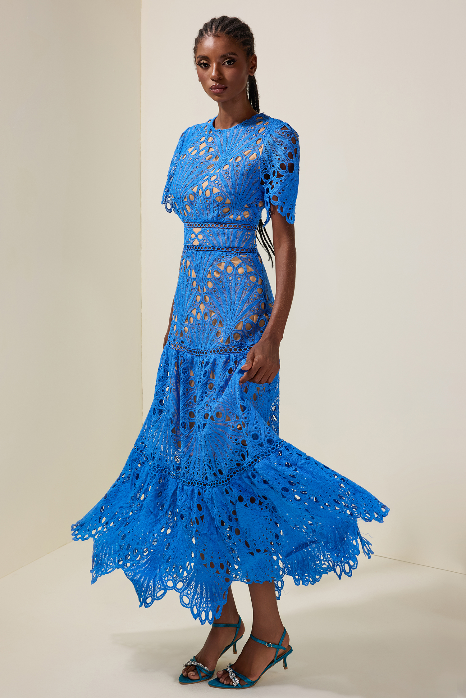 Lace Cut-Out Round Neck Midi Dress