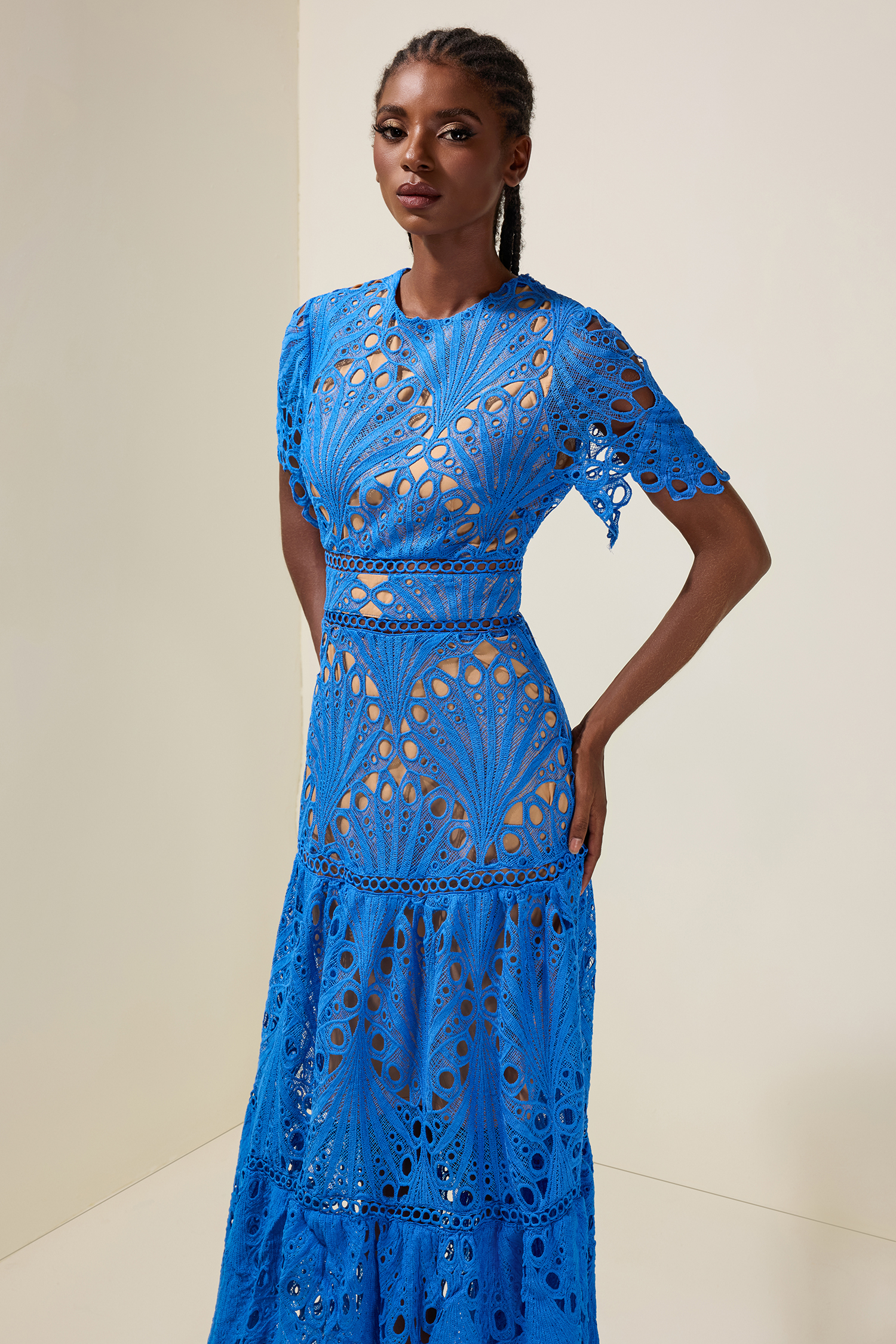 Lace Cut-Out Round Neck Midi Dress