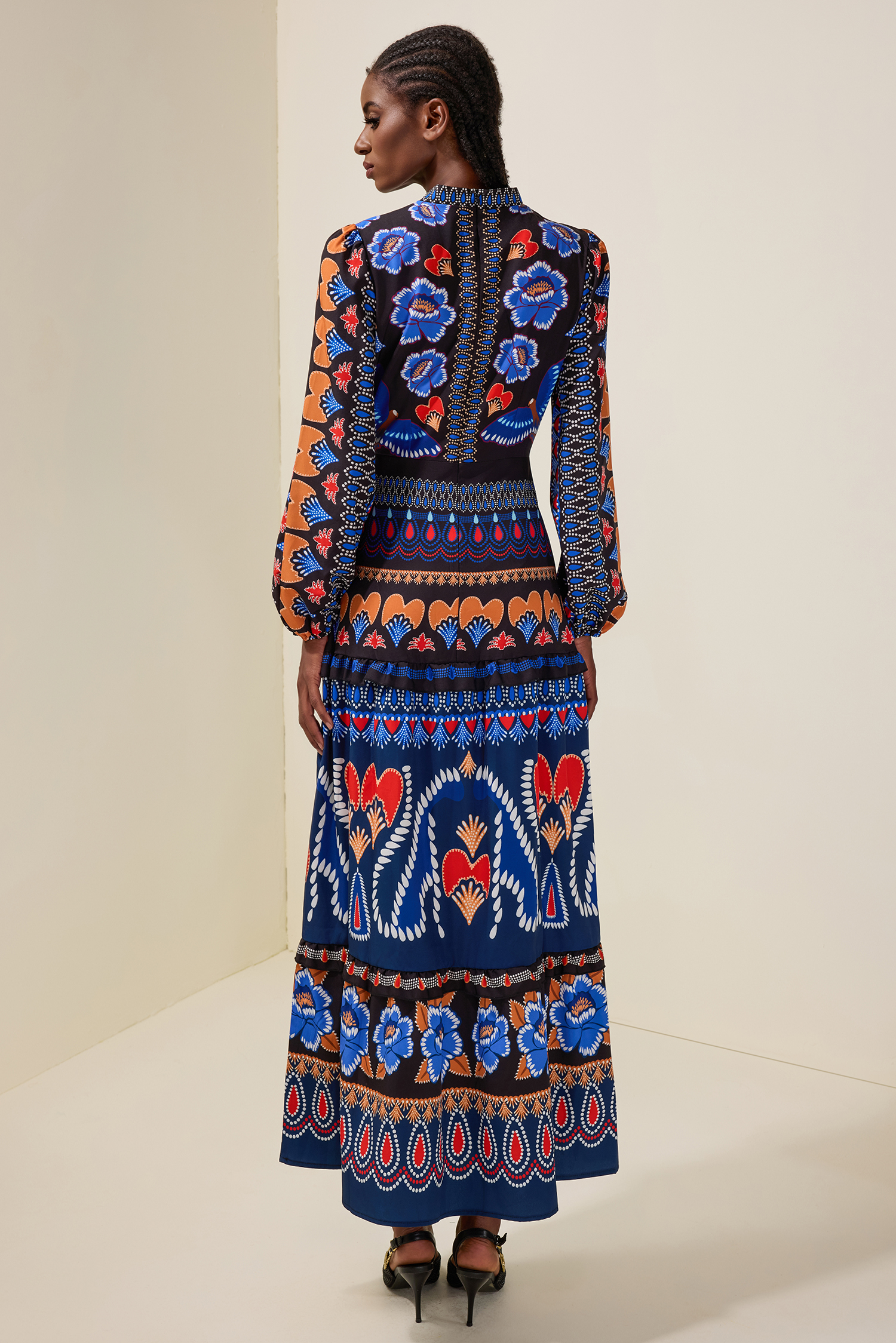 Paisley Print Round Neck Long Sleeve Midi Dress