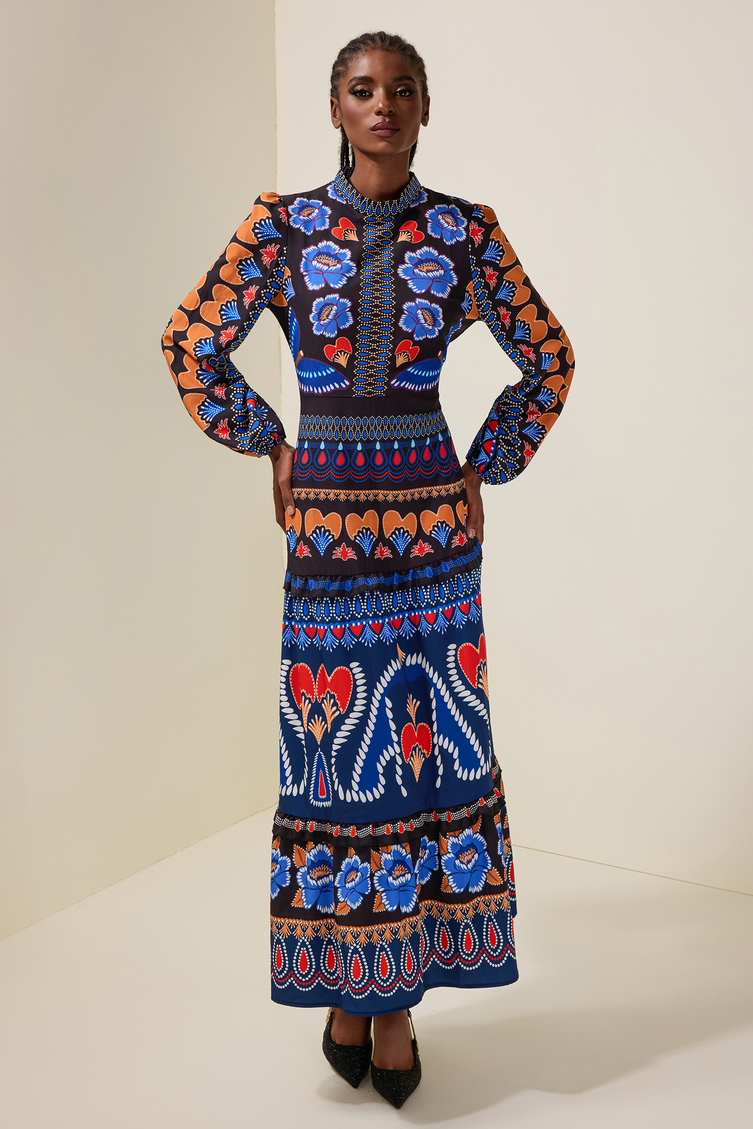 Paisley Print Round Neck Long Sleeve Midi Dress