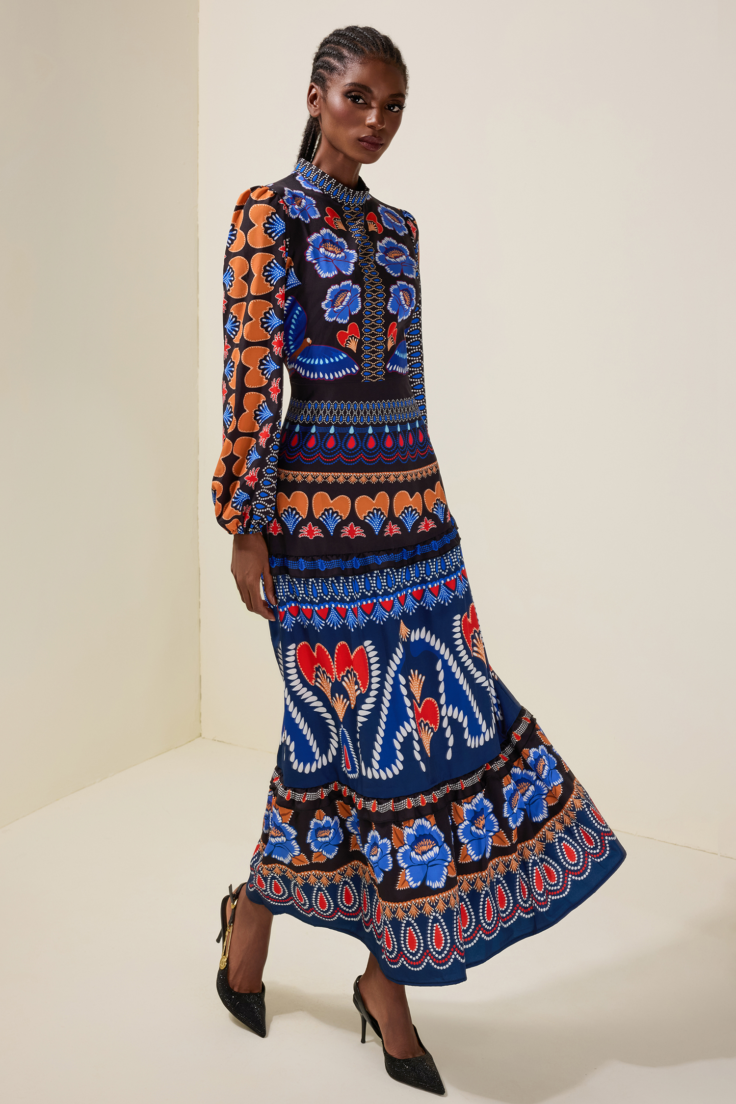 Paisley Print Round Neck Long Sleeve Midi Dress