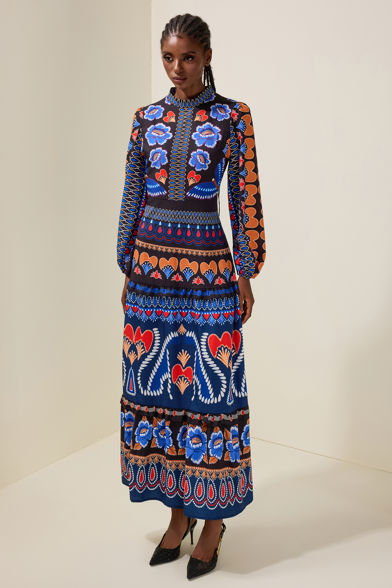 Paisley Print Round Neck Long Sleeve Midi Dress
