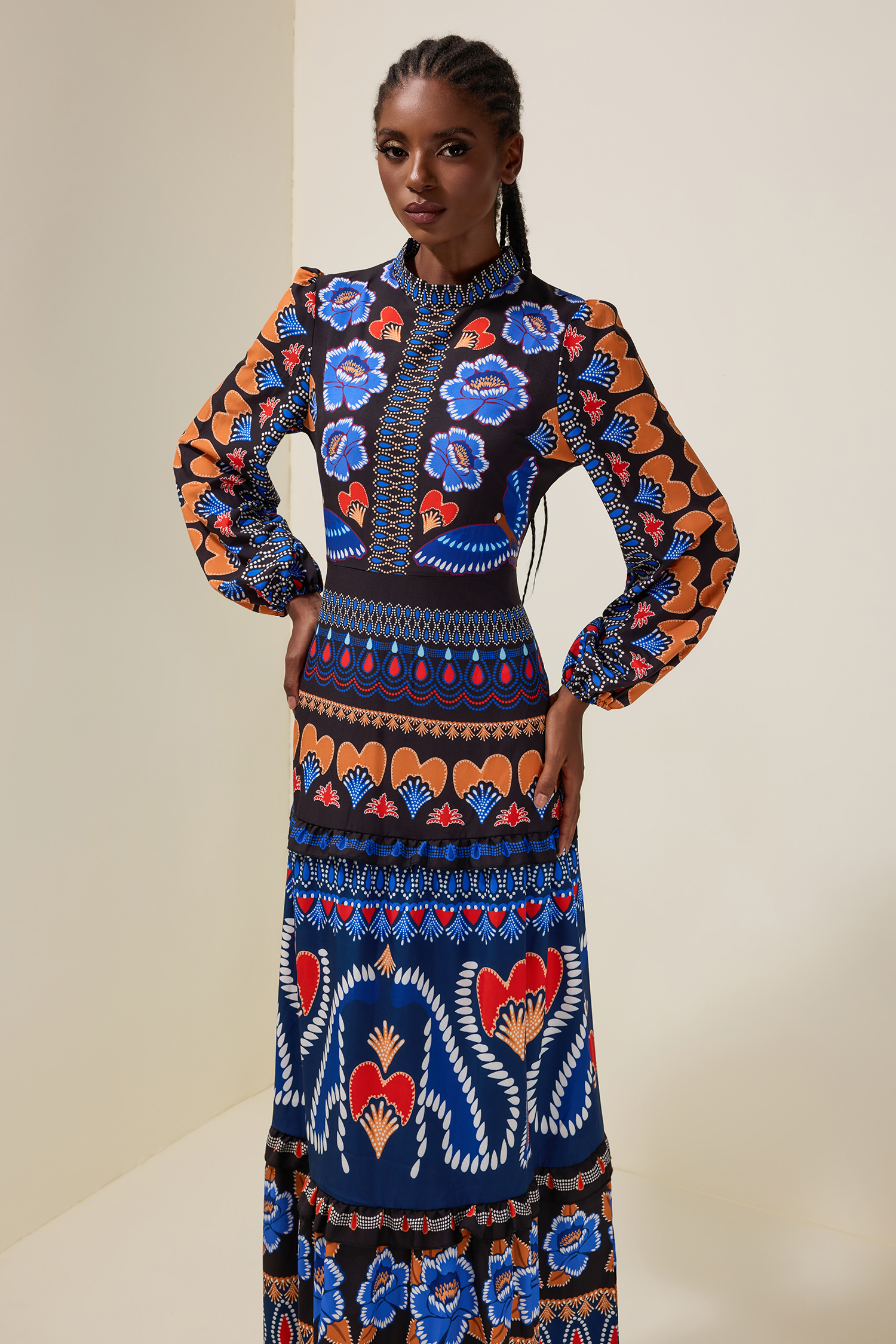 Paisley Print Round Neck Long Sleeve Midi Dress