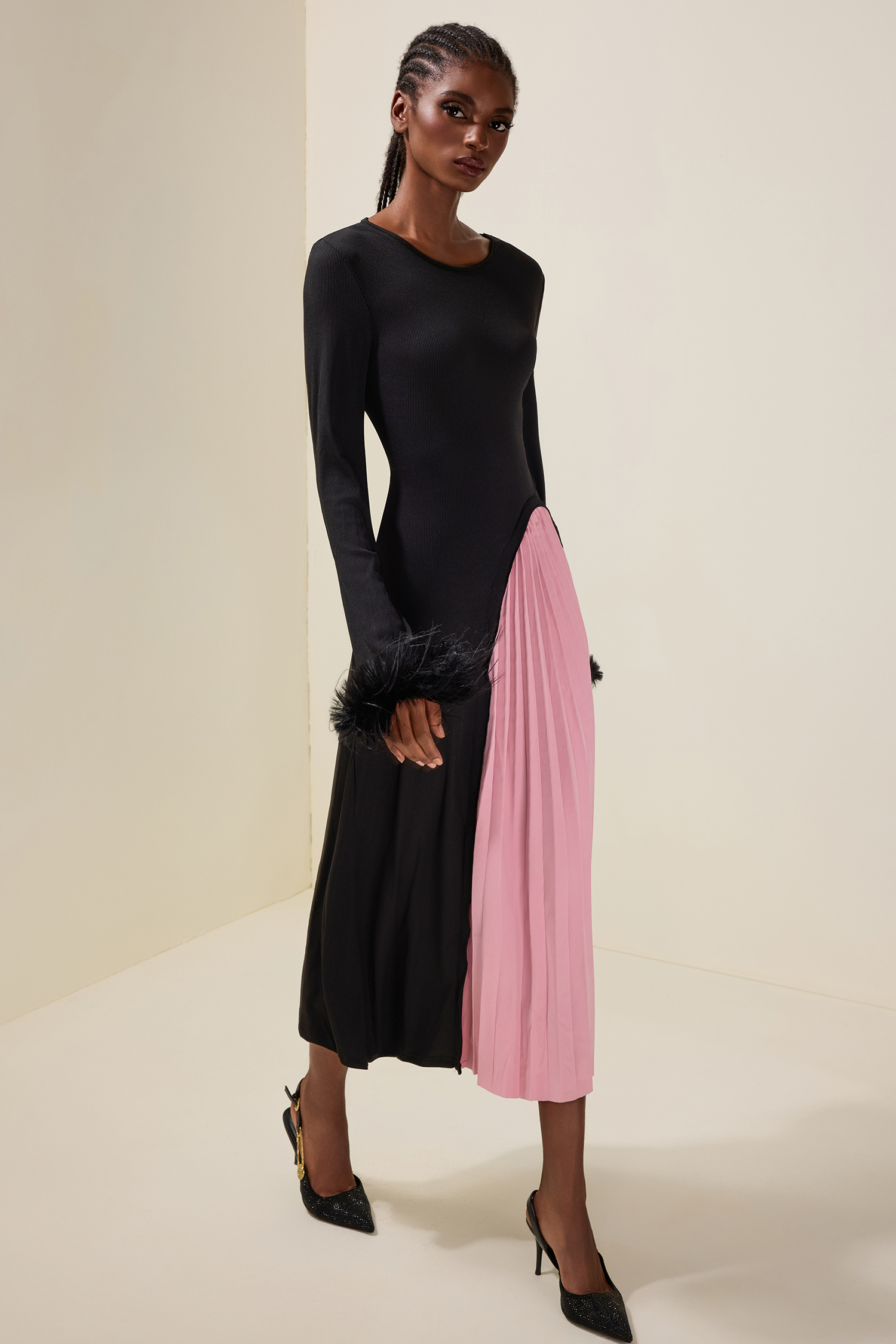 Jersey Splicing Pleated Feather Midi Dress