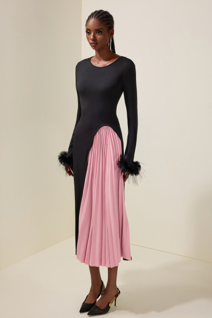 Jersey Splicing Pleated Feather Midi Dress
