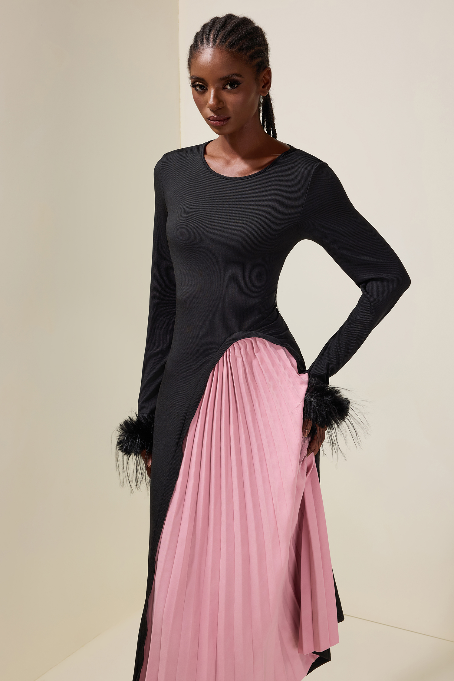 Jersey Splicing Pleated Feather Midi Dress