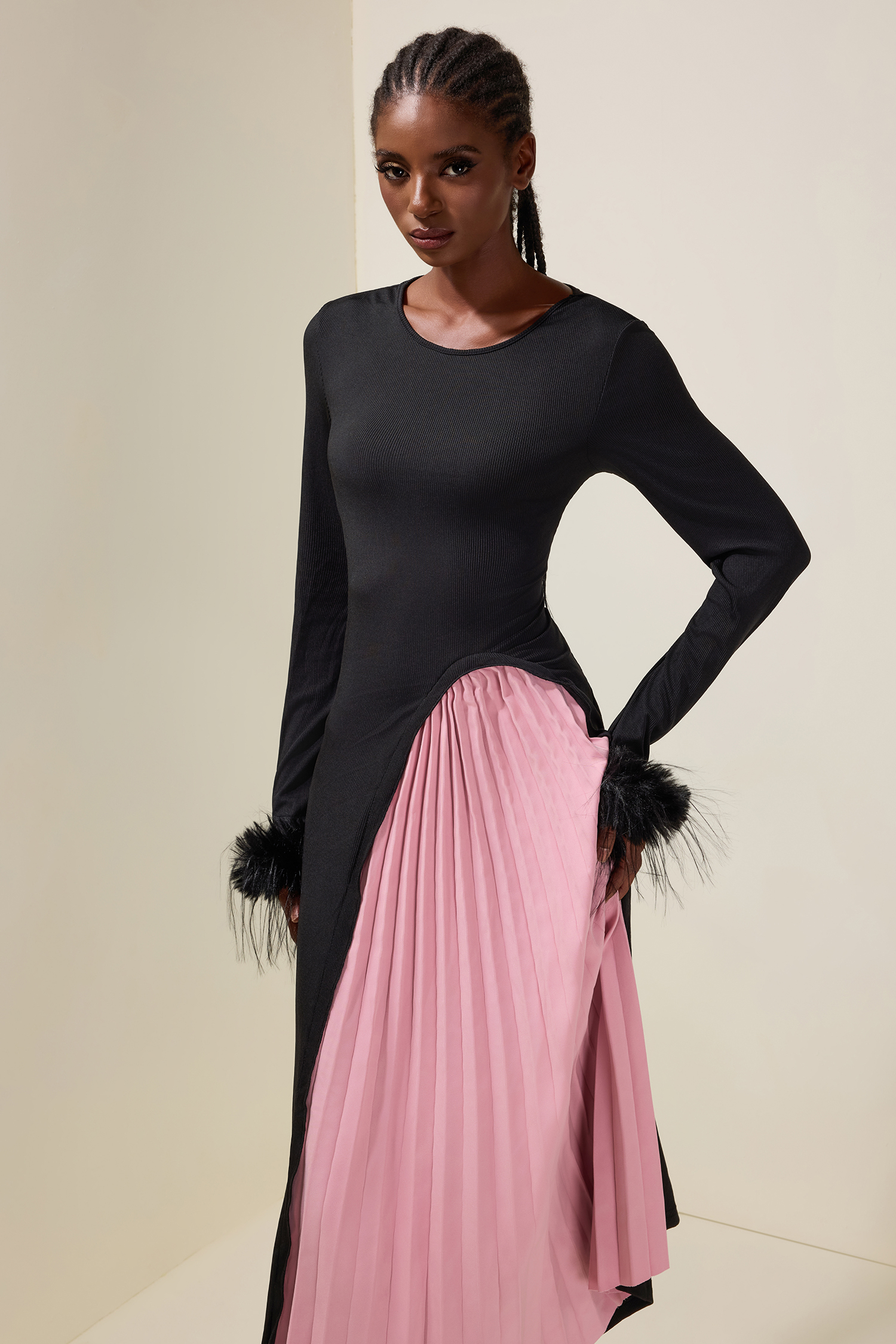 Jersey Splicing Pleated Feather Midi Dress