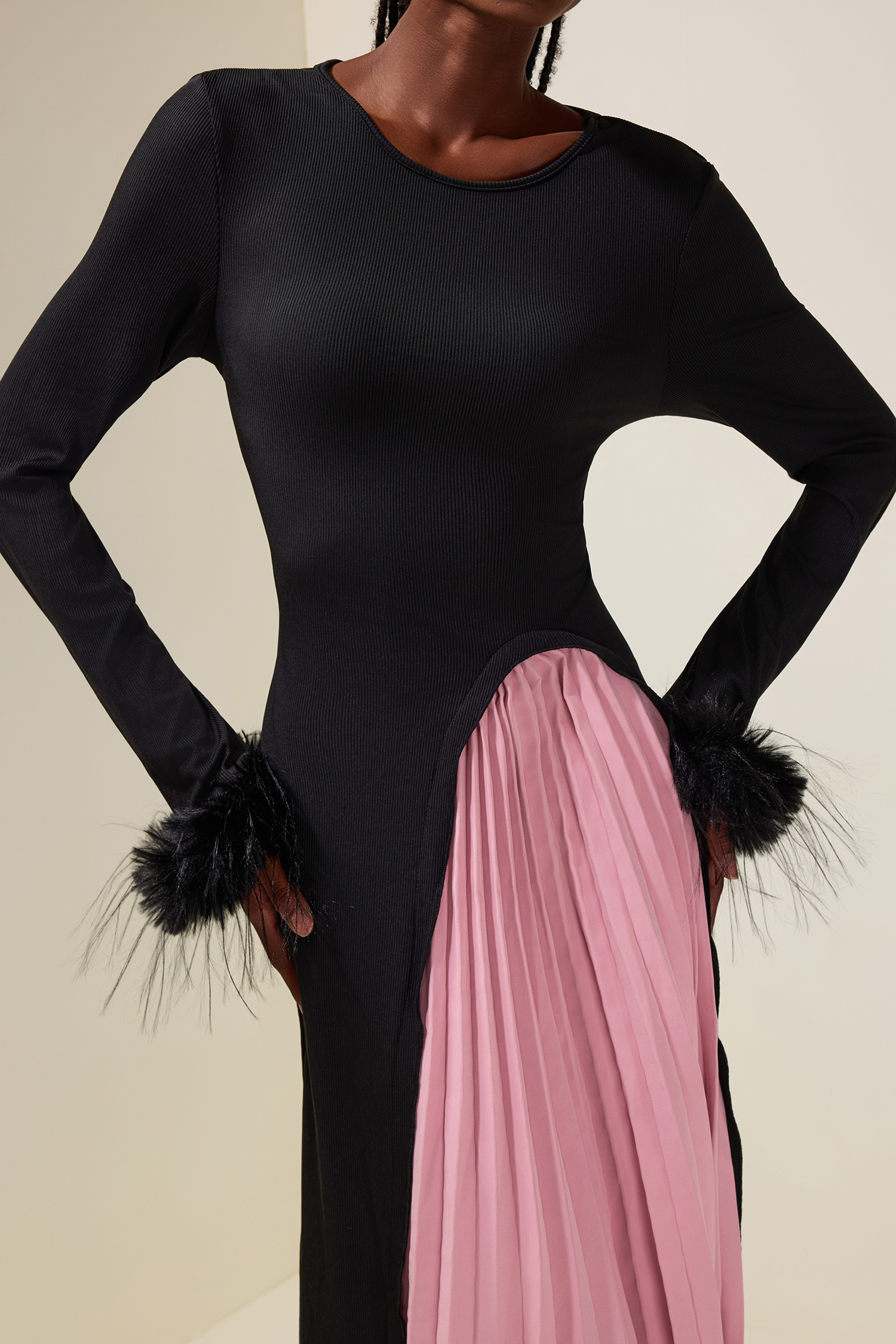 Jersey Splicing Pleated Feather Midi Dress