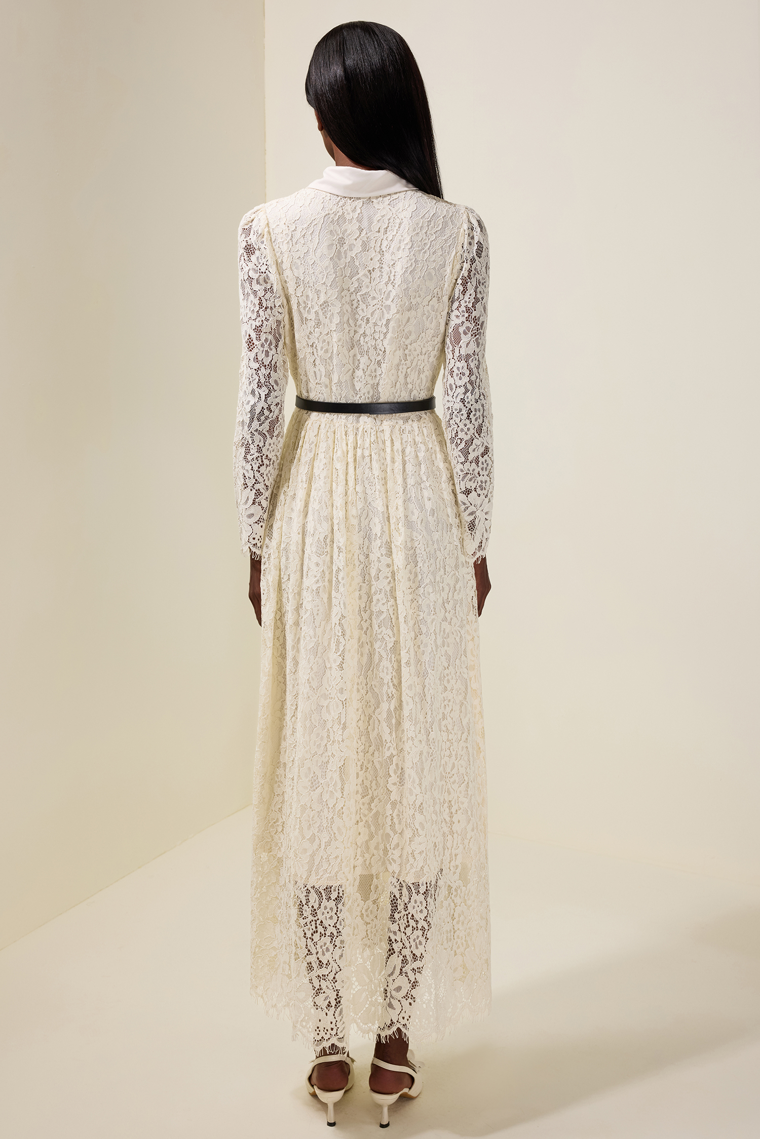 Lace Single Breasted Long Sleeve Midi Dress With Belt