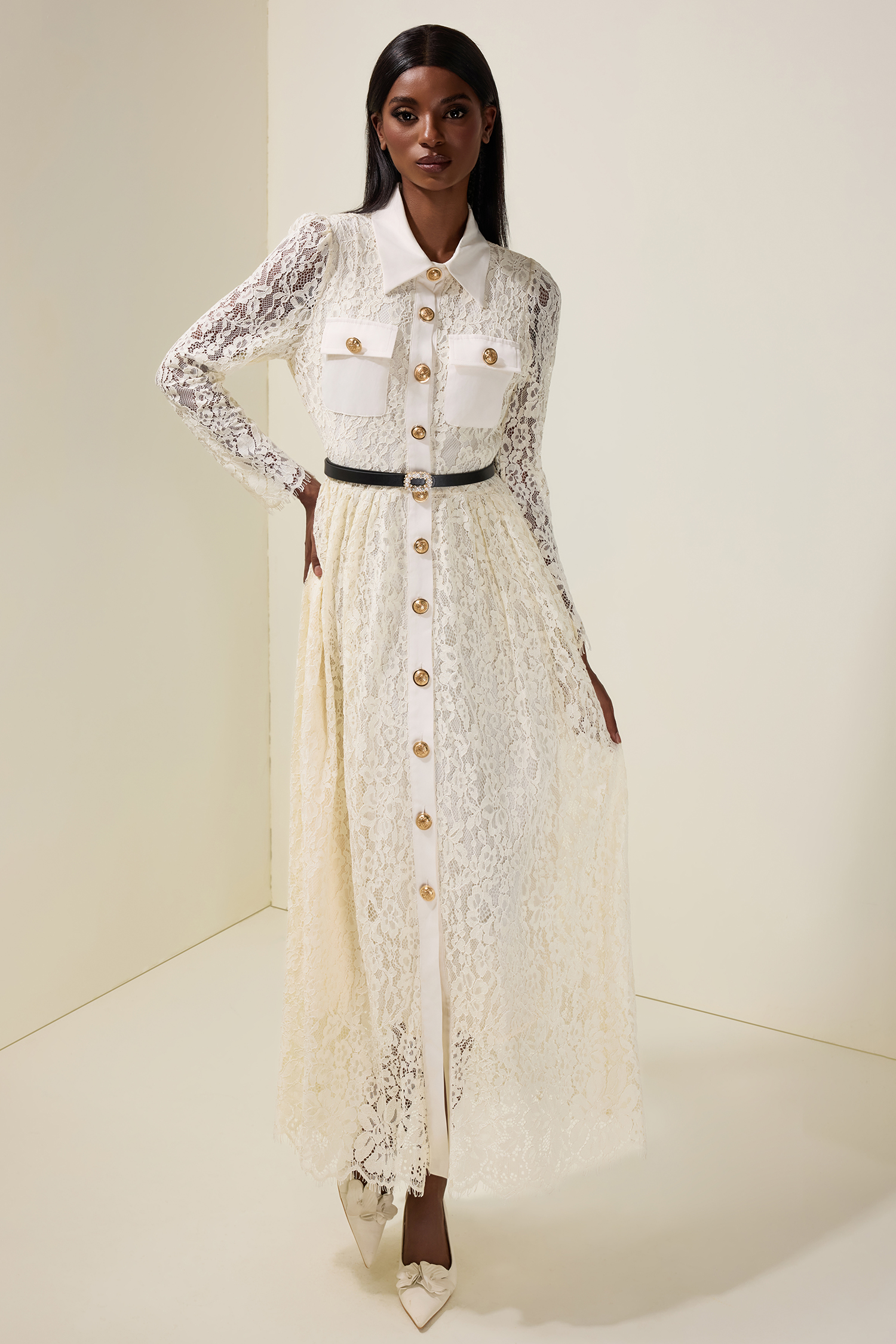 Lace Single Breasted Long Sleeve Midi Dress With Belt