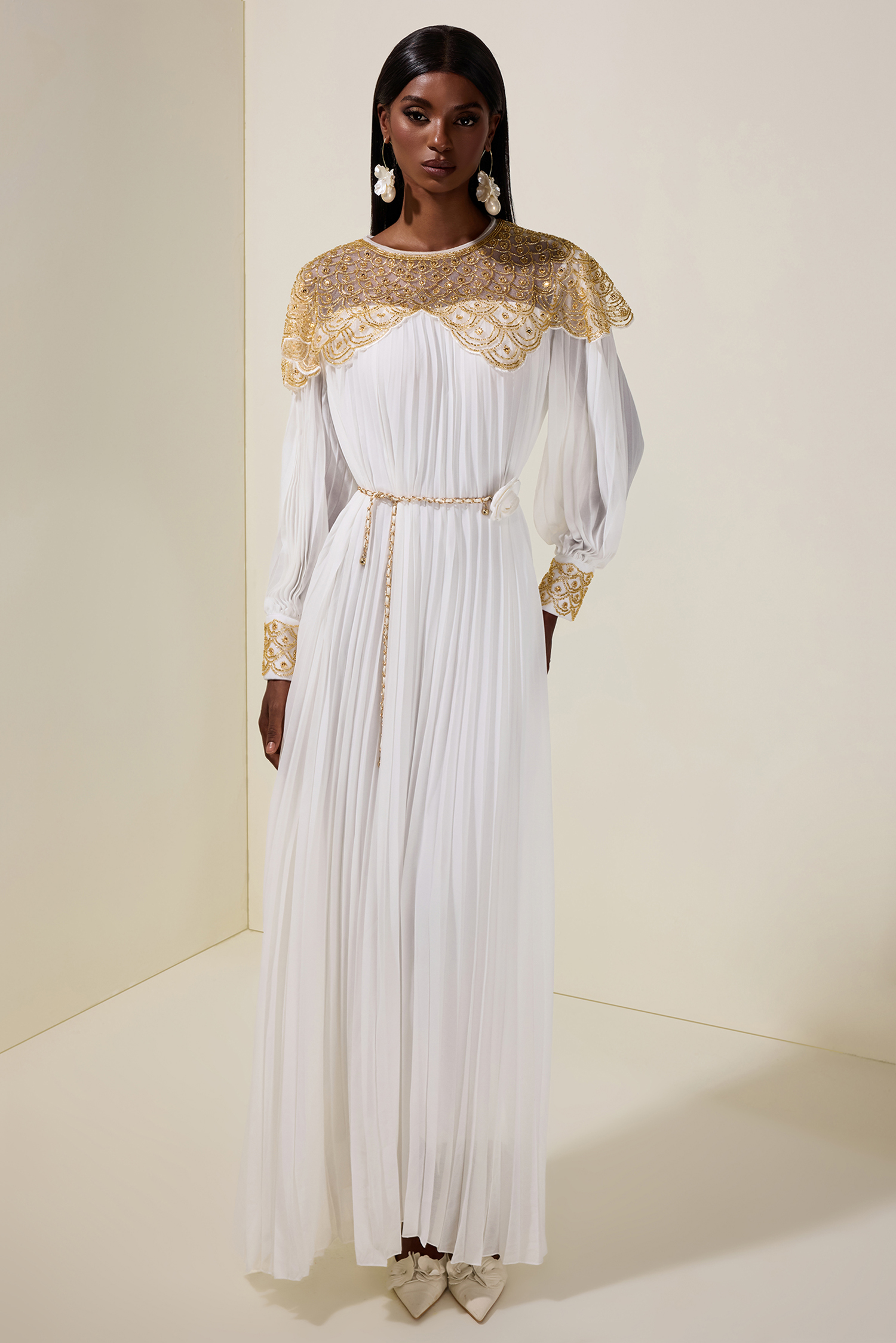 Sequin Splicing Chiffon Round Neck Maxi Dress With Belt