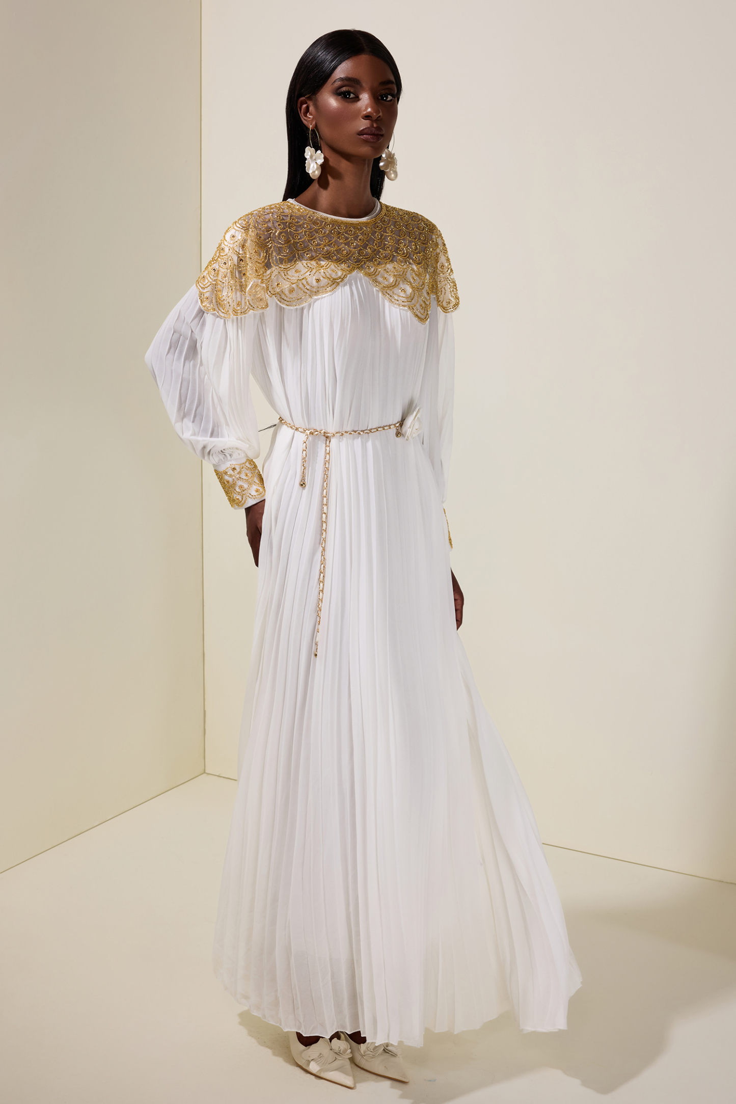 Sequin Splicing Chiffon Round Neck Maxi Dress With Belt