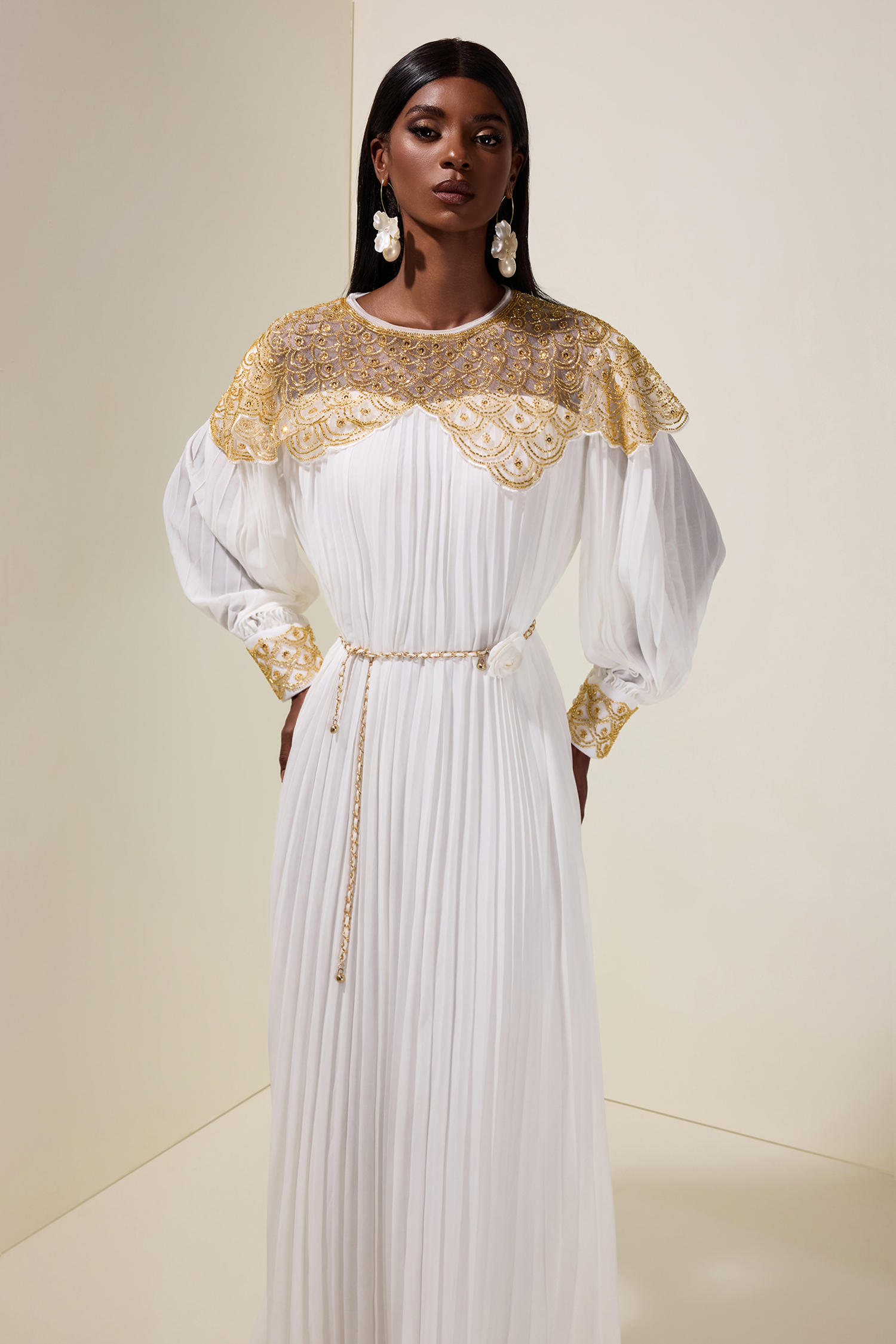 Sequin Splicing Chiffon Round Neck Maxi Dress With Belt