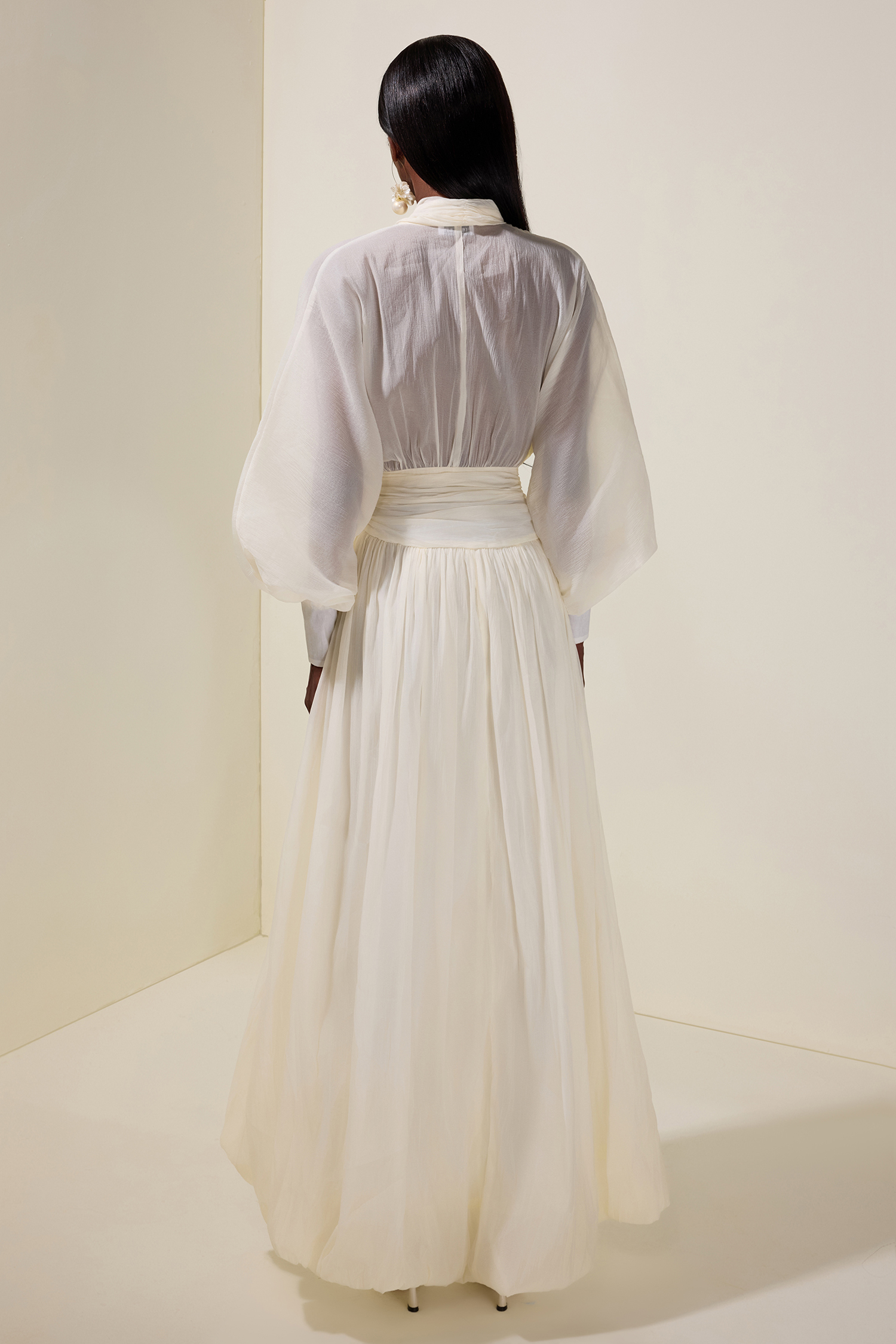 Chiffon V-Neck Lantern Sleeve Puff Midi Dress