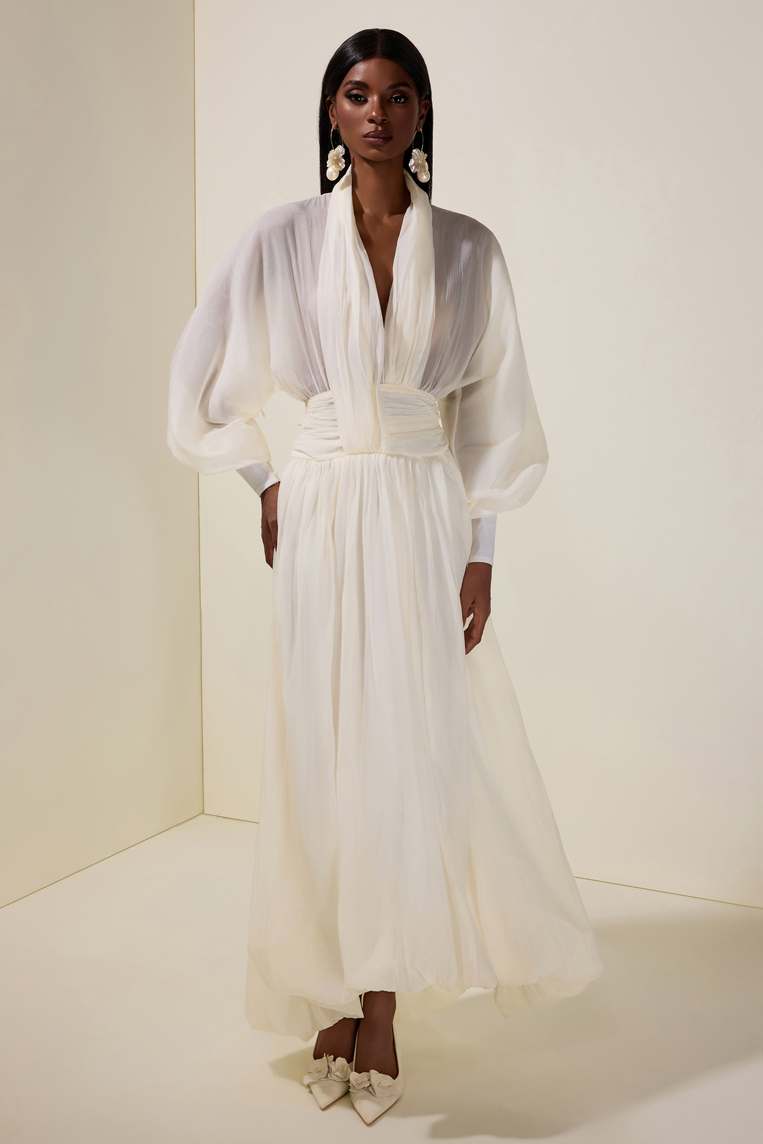 Chiffon V-Neck Lantern Sleeve Puff Midi Dress