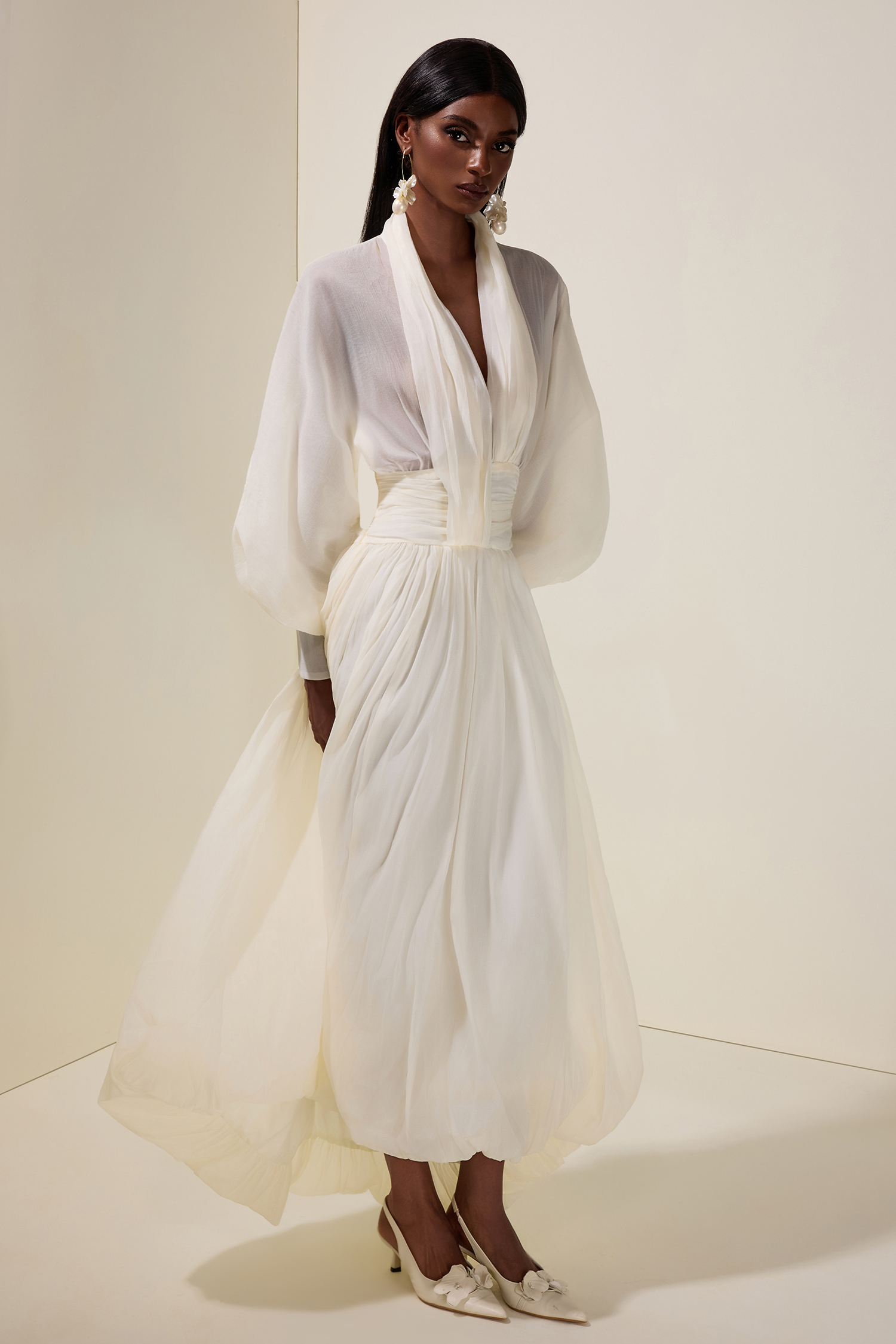 Chiffon V-Neck Lantern Sleeve Puff Midi Dress