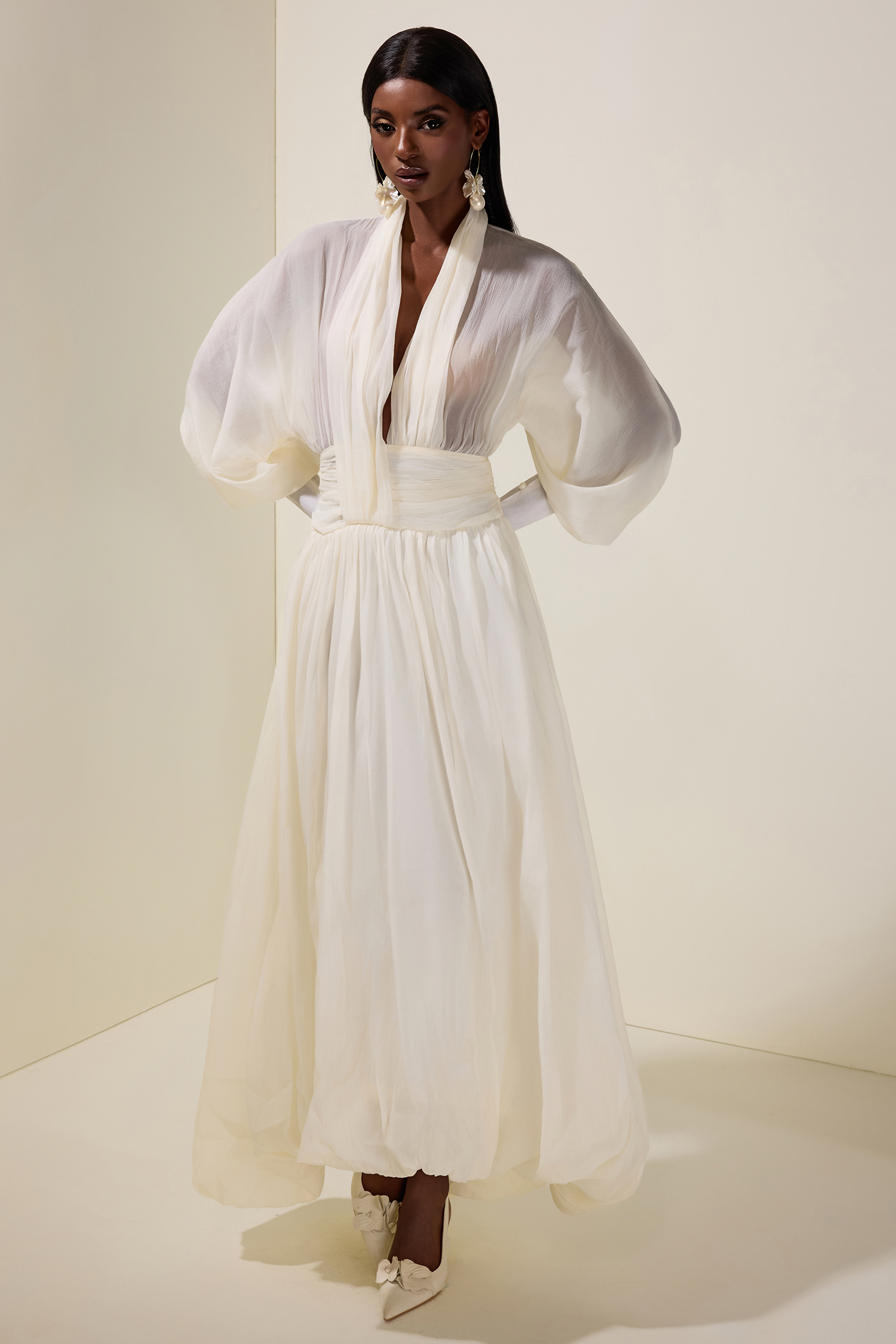 Chiffon V-Neck Lantern Sleeve Puff Midi Dress