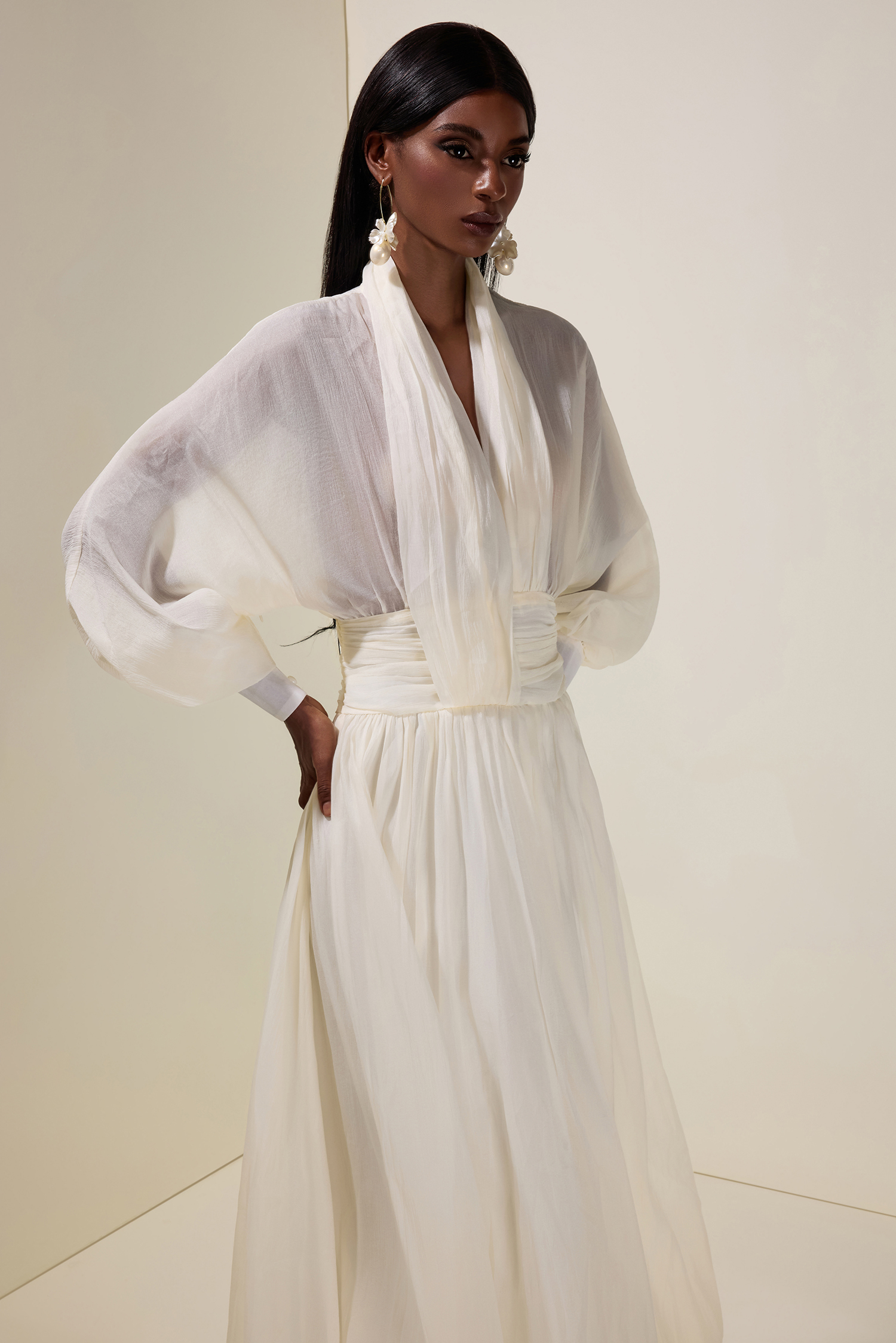 Chiffon V-Neck Lantern Sleeve Puff Midi Dress