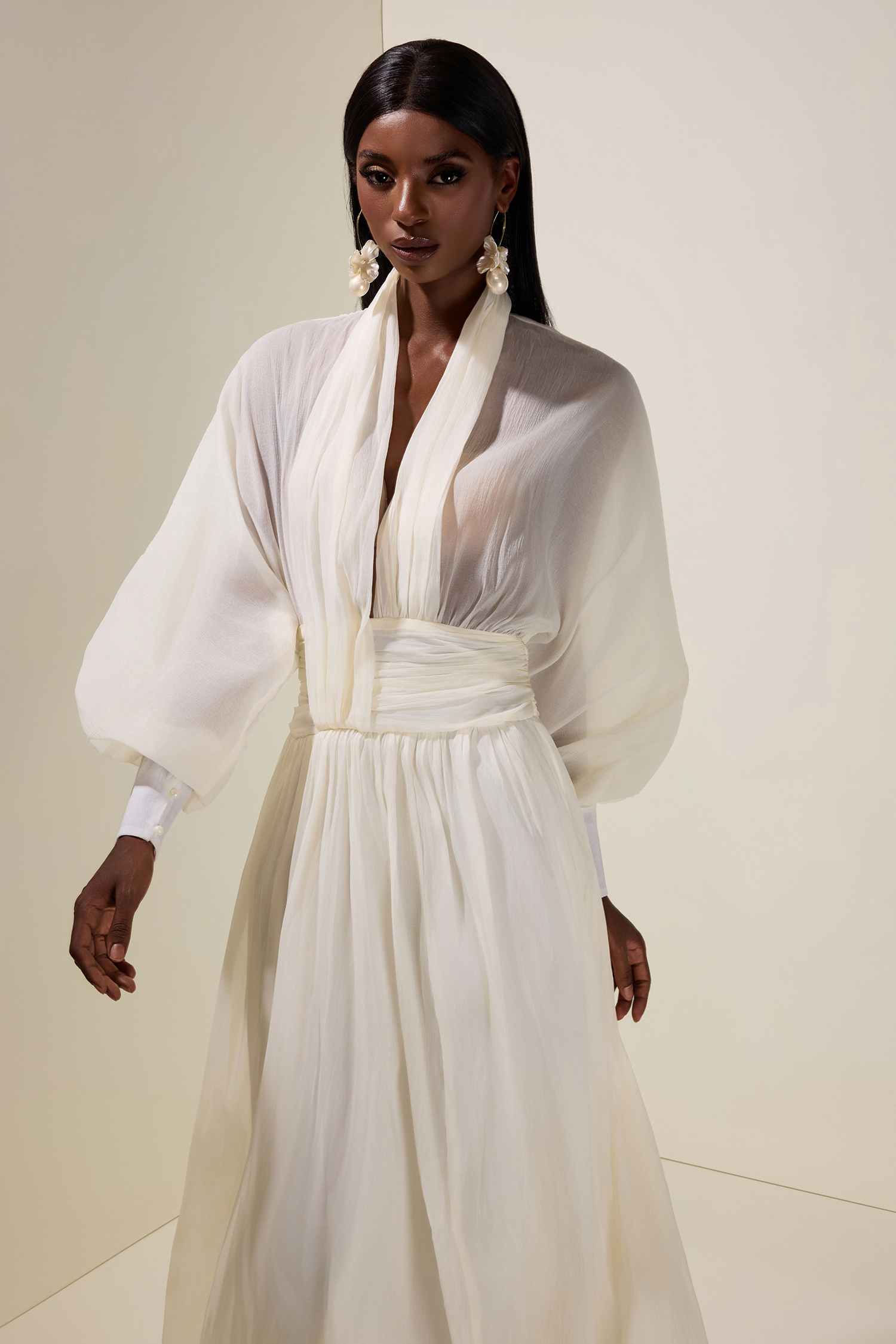 Chiffon V-Neck Lantern Sleeve Puff Midi Dress