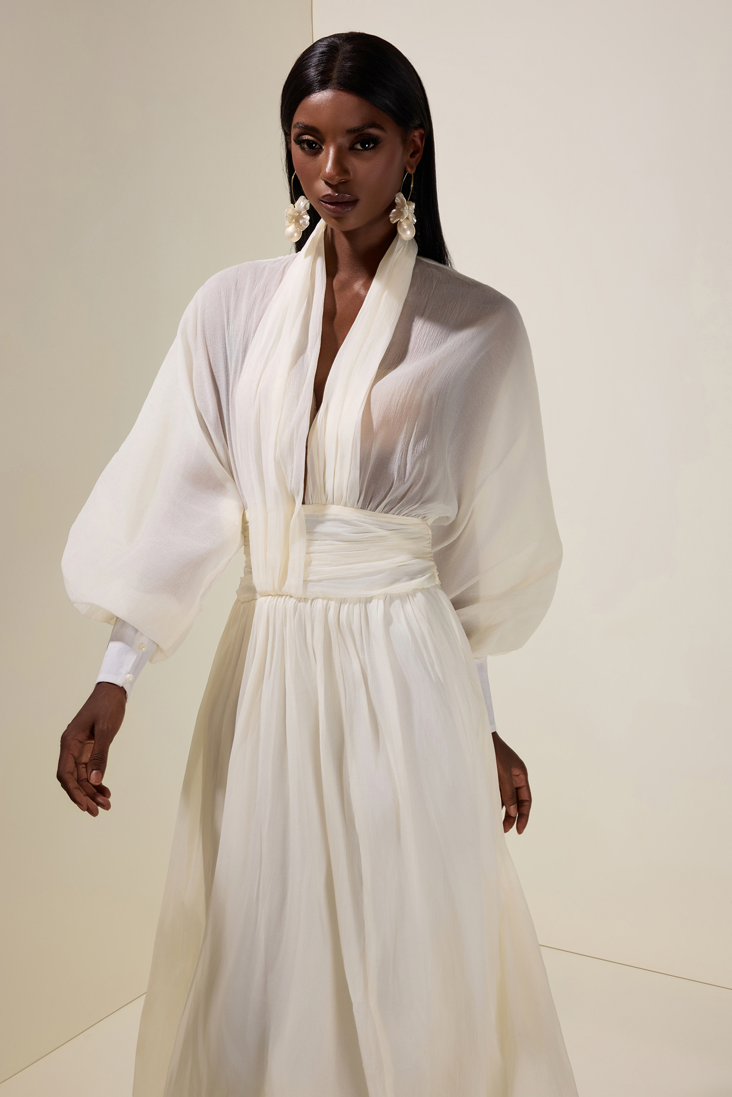 Chiffon V-Neck Lantern Sleeve Puff Midi Dress