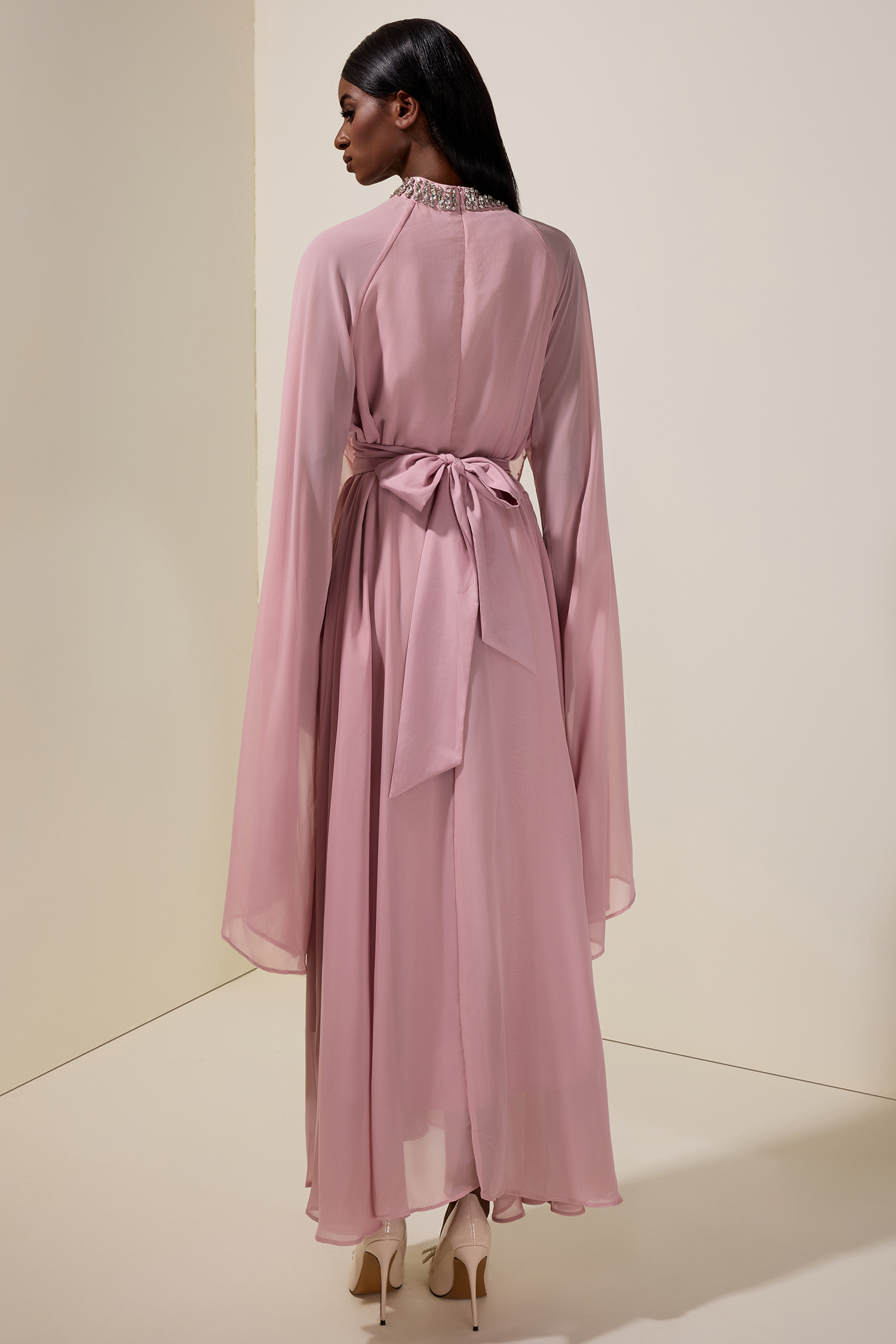 Chiffon Rhinestone Cape Sleeve Maxi Dress With Belt