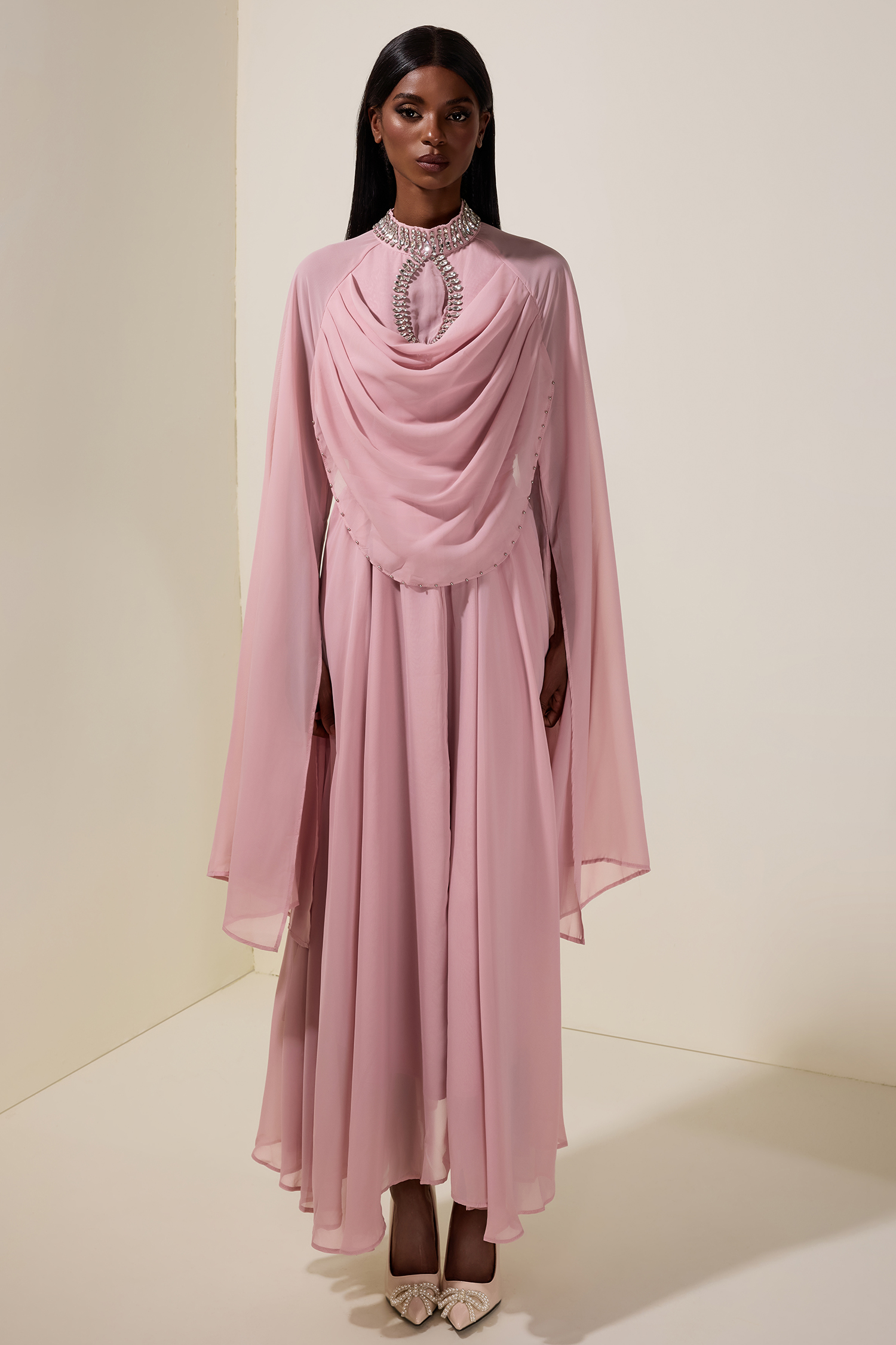 Chiffon Rhinestone Cape Sleeve Maxi Dress With Belt