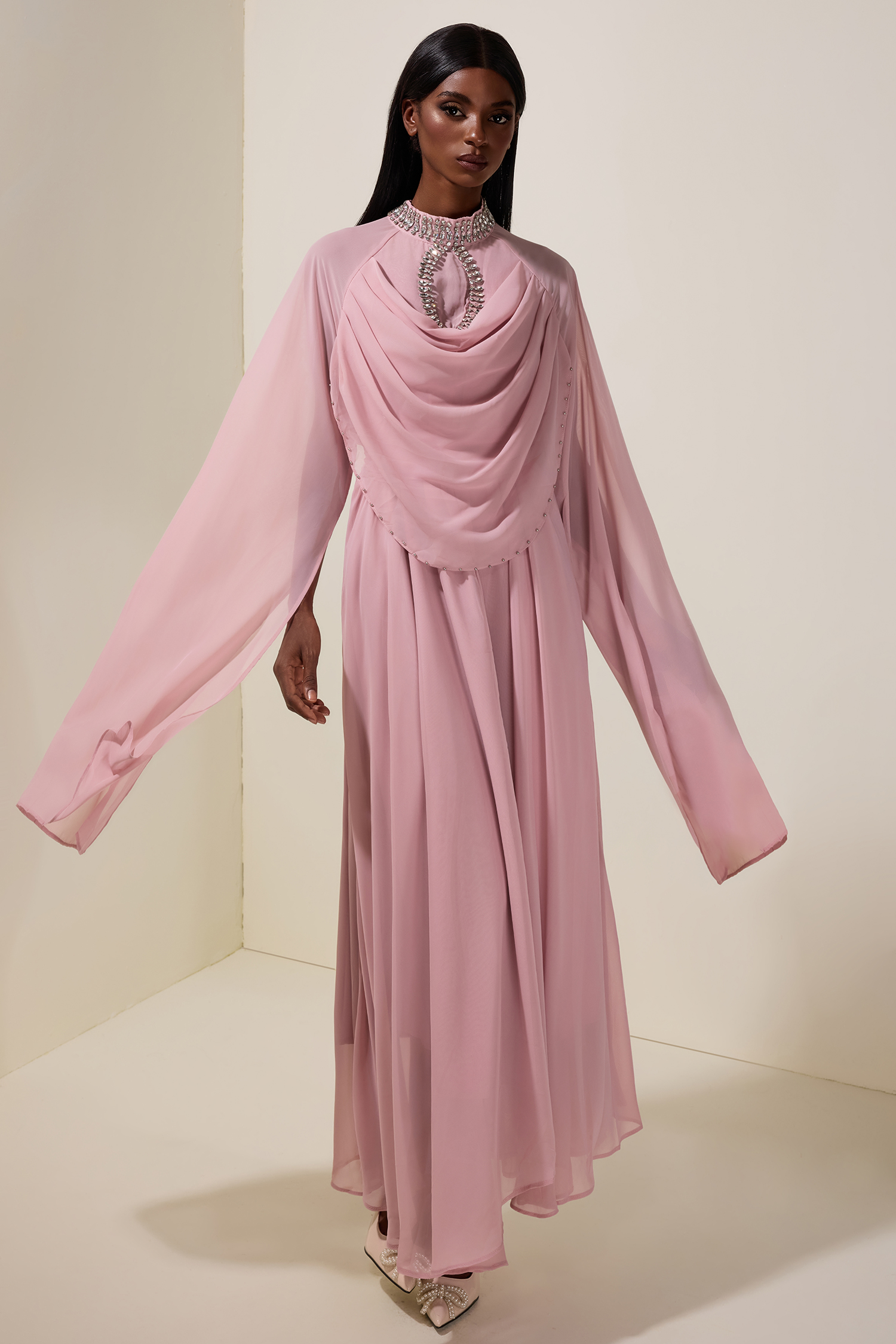 Chiffon Rhinestone Cape Sleeve Maxi Dress With Belt